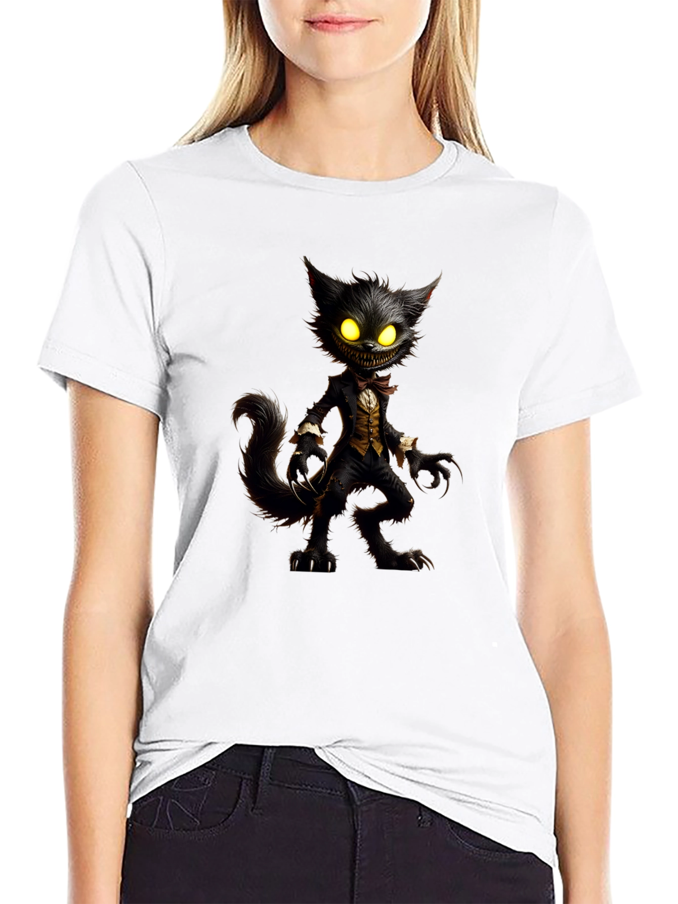 Black Creepy Cat T-Shirt - Unique Graphic Tee view 9