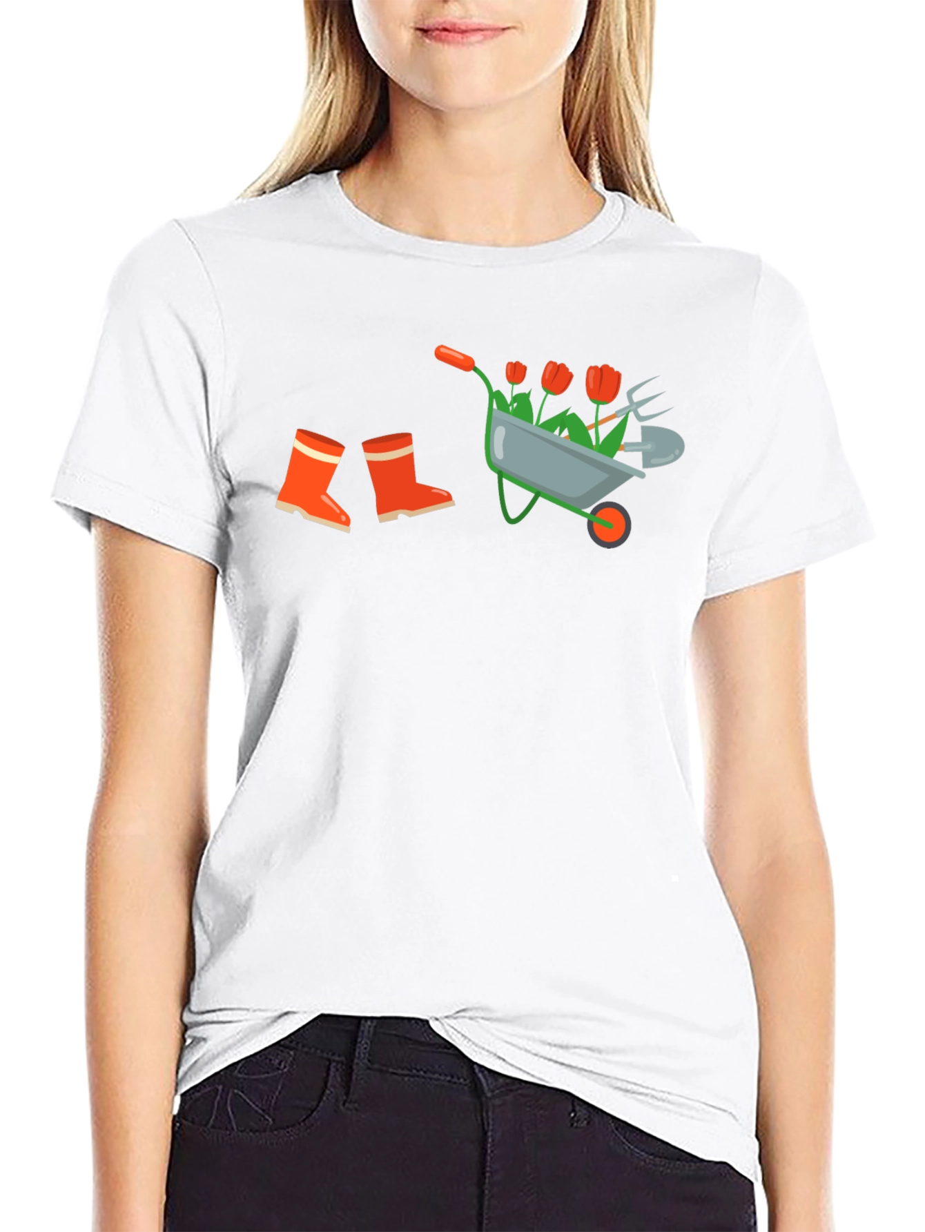 Black Gardening T-Shirt: Wheelbarrow, Boots & Tools Design view 9