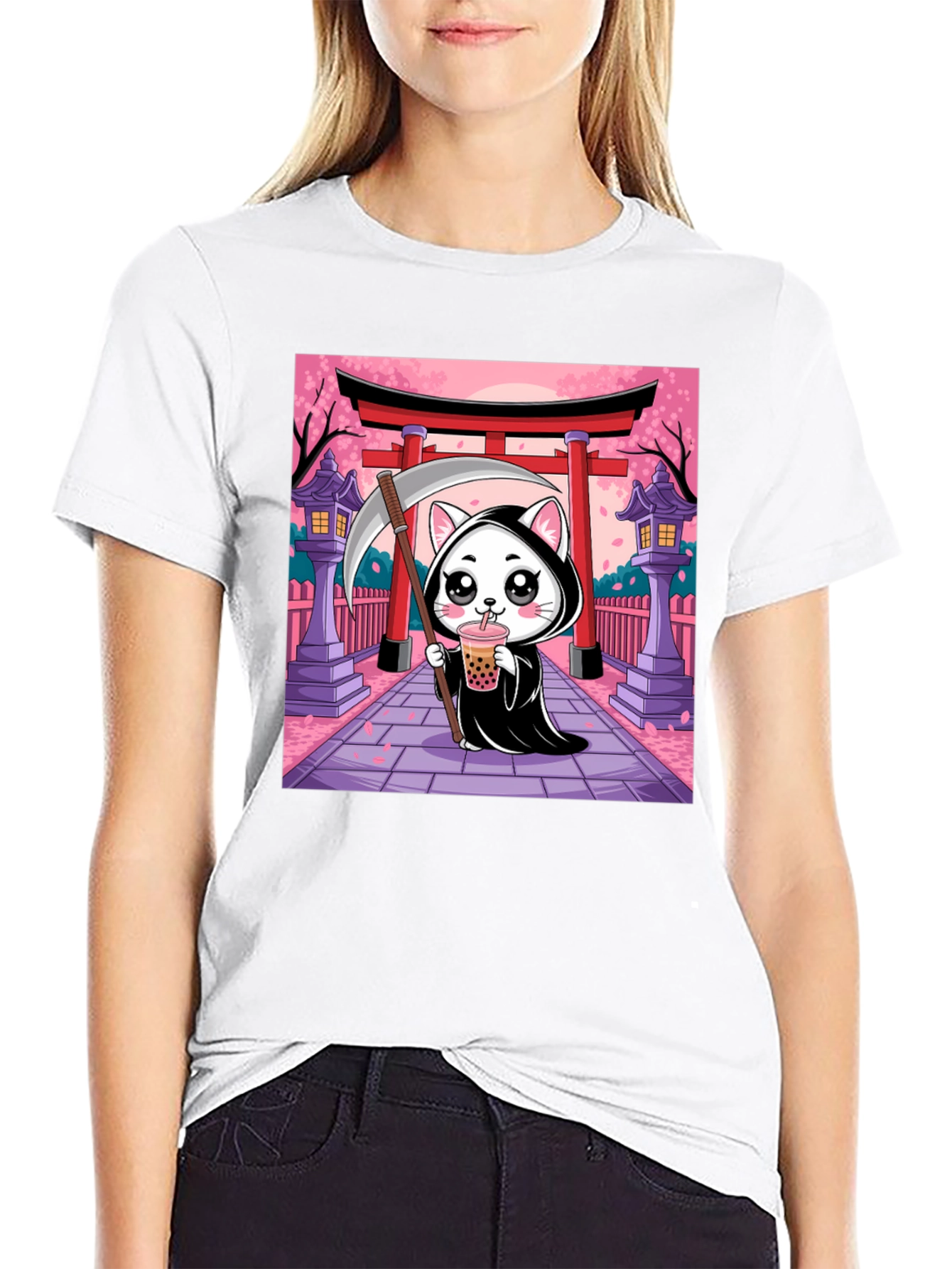 Black Kawaii Grim Reaper Cat T-Shirt view 9
