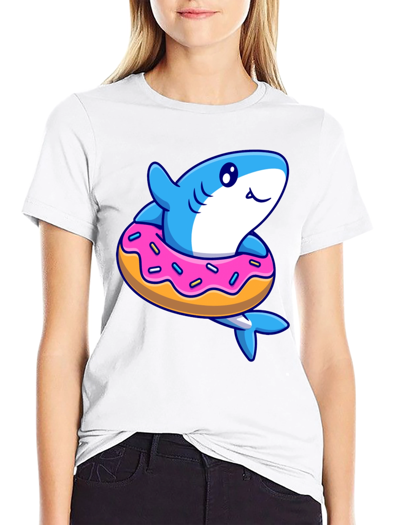 Black Shark Donut T-Shirt - Fun Cartoon Graphic Tee view 9