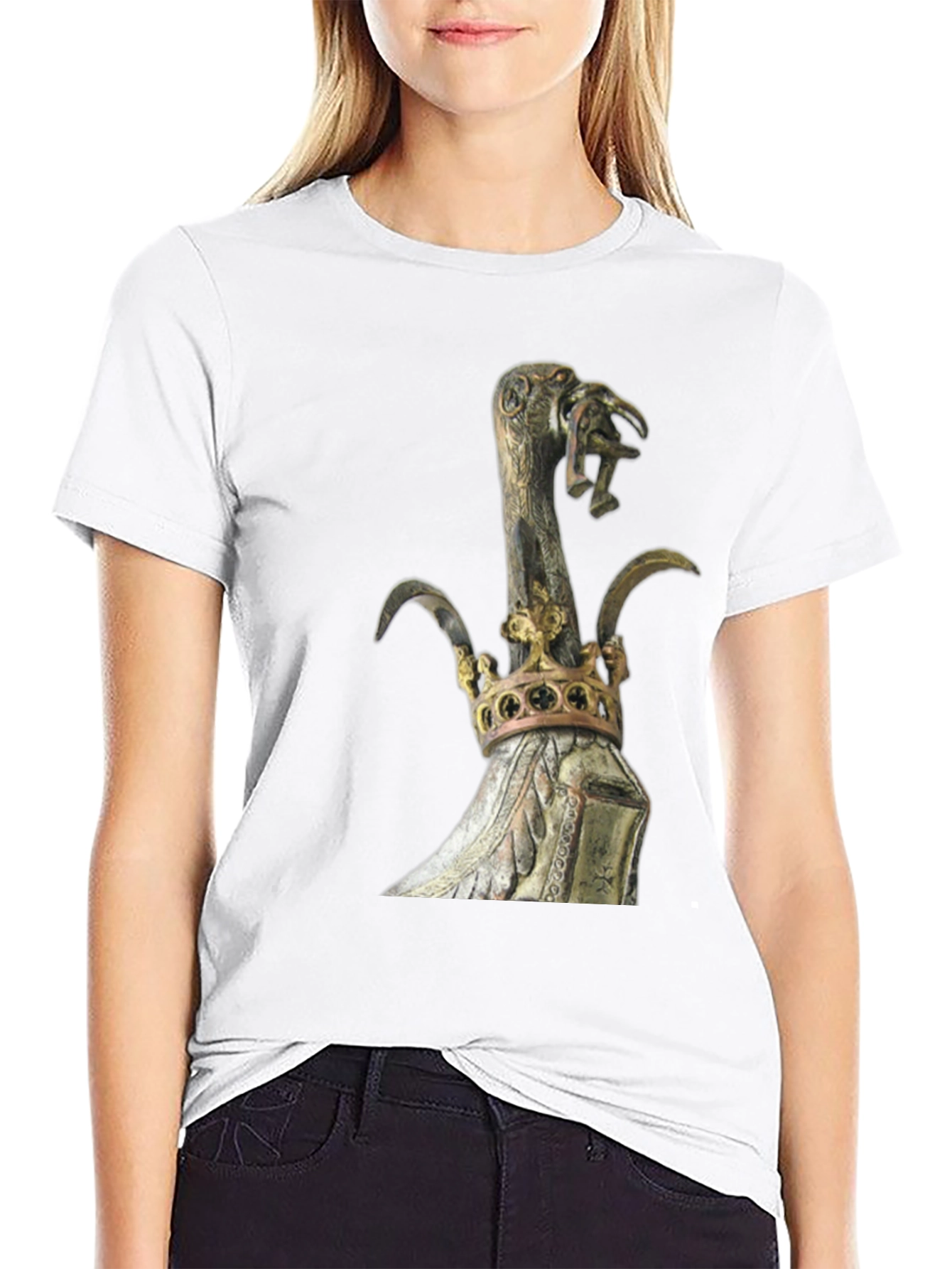 Black Black T-Shirt with Ornate Crown and Bird Scepter Design view 9