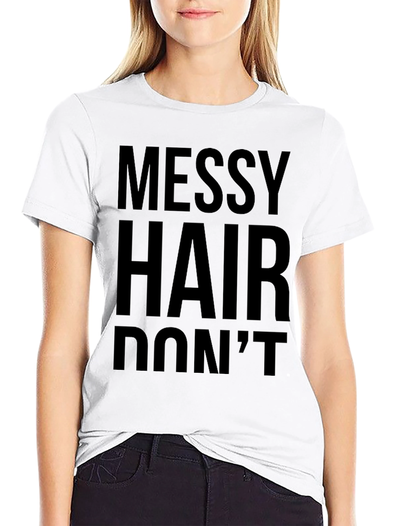 Black Messy Hair Don't Care Graphic Tee - Classic Black T-Shirt view 9