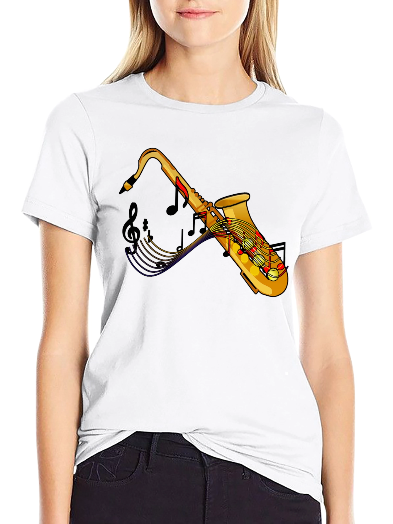 Black Saxophone Music Notes Graphic Black Tee Shirt view 9