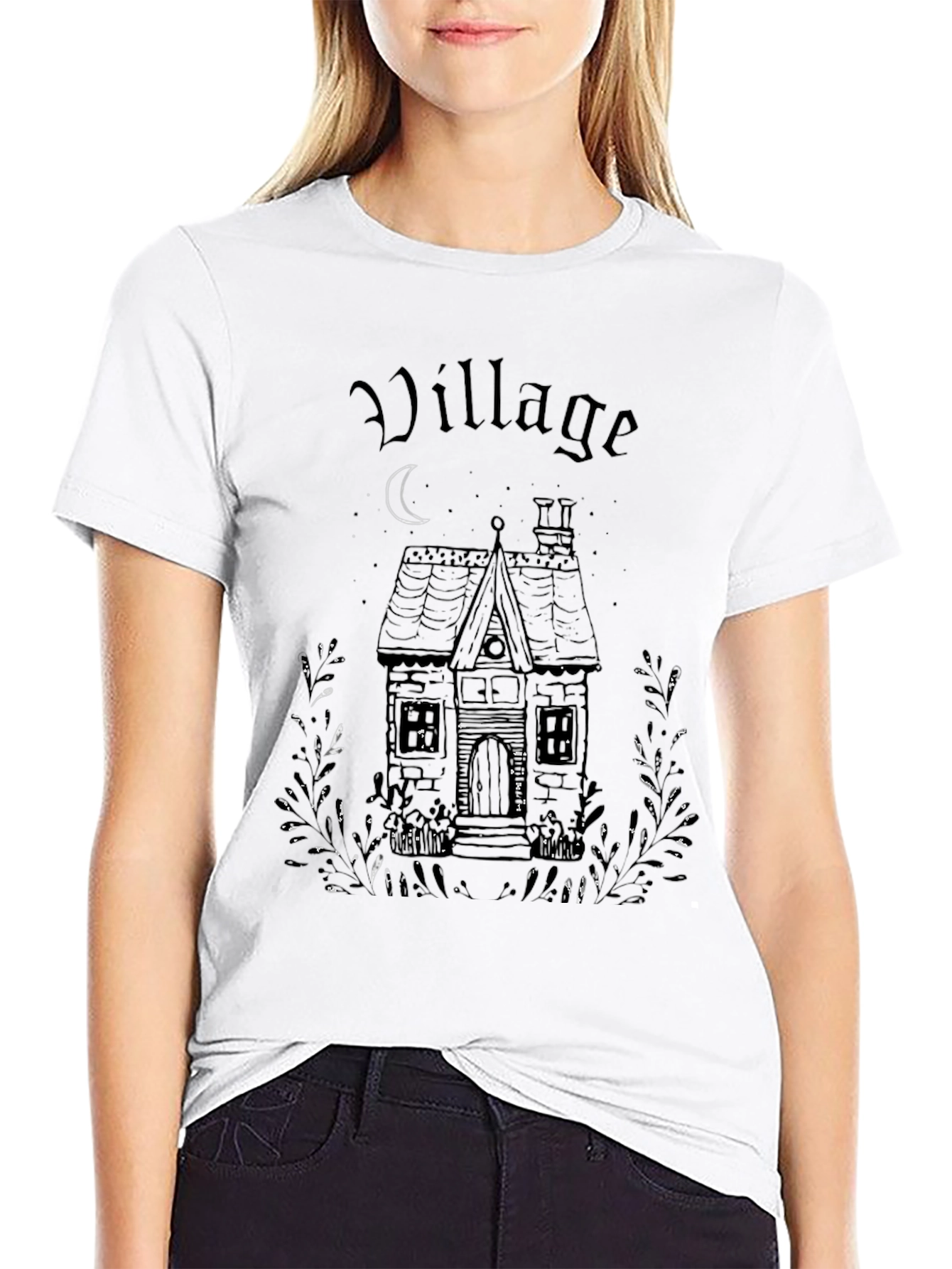 Black Village House Graphic Print Black T-Shirt view 9