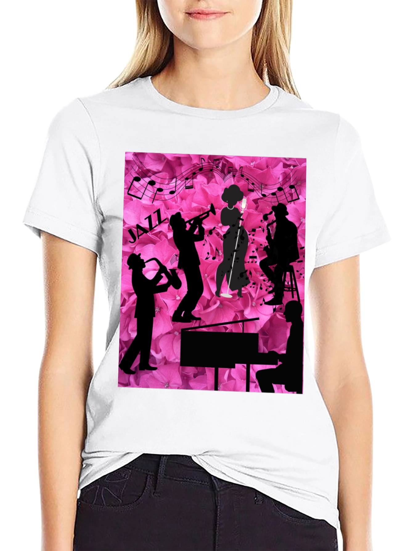 Black Jazzy Floral T-Shirt - Music Lover's Tee view 9