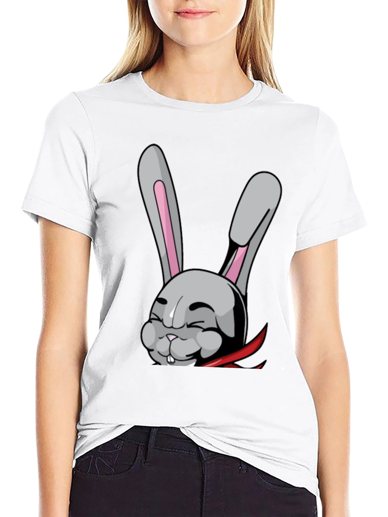 Black Black T-Shirt with Funny Cartoon Rabbit Design view 9