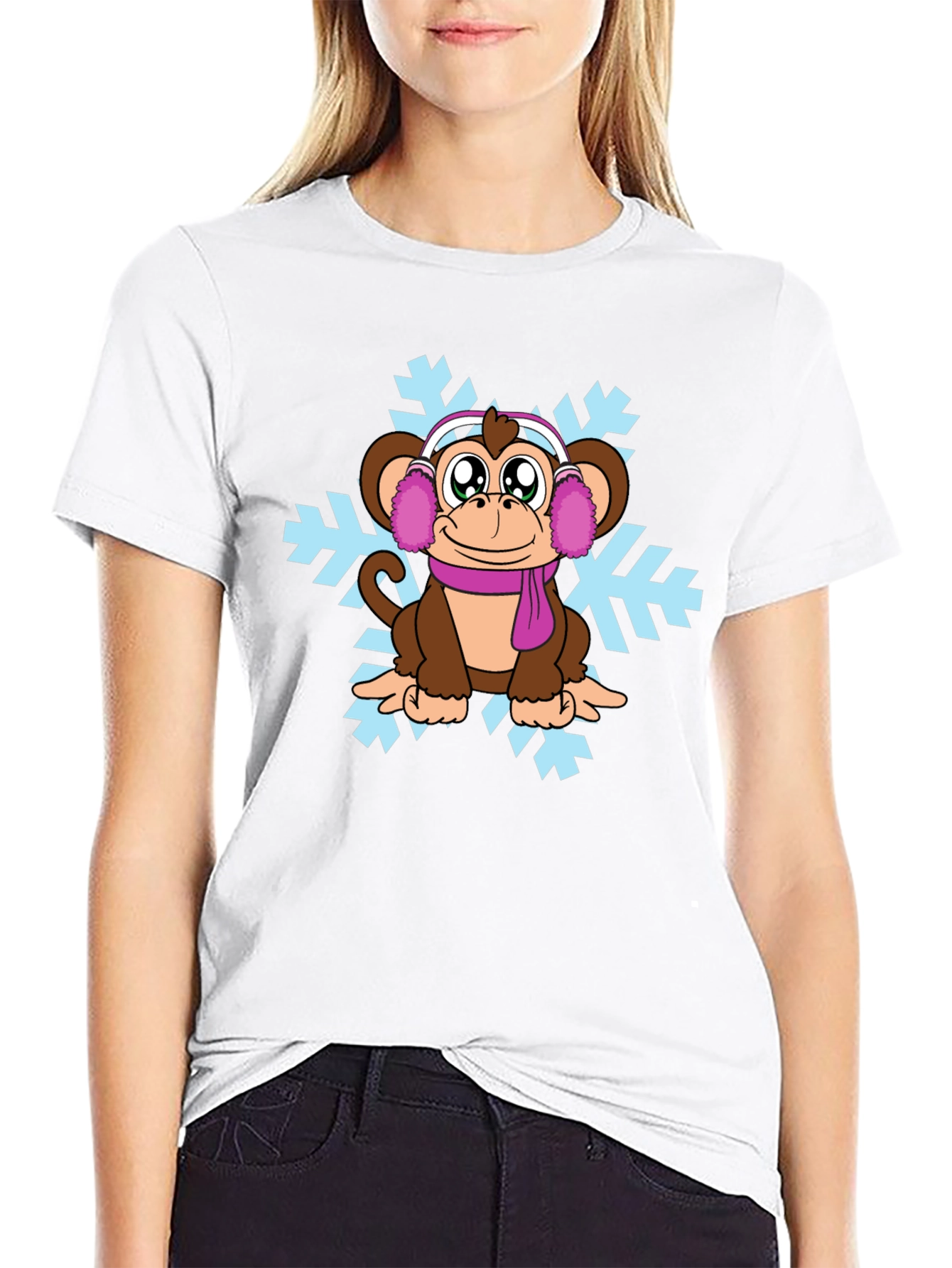 Black Winter Monkey T-Shirt - Cute Cartoon Design view 9