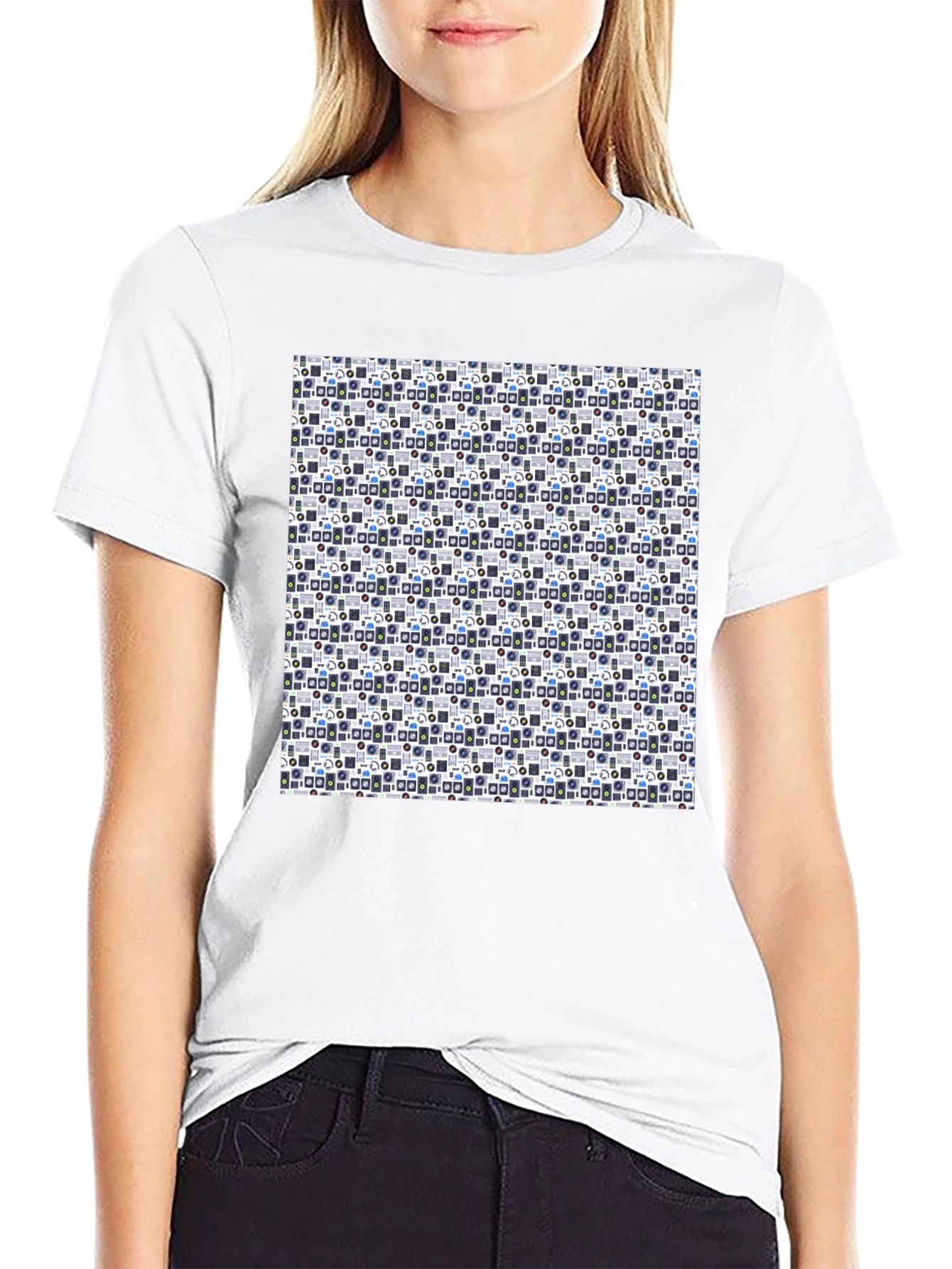 Black Retro Geometric Pattern Black T-Shirt view 9