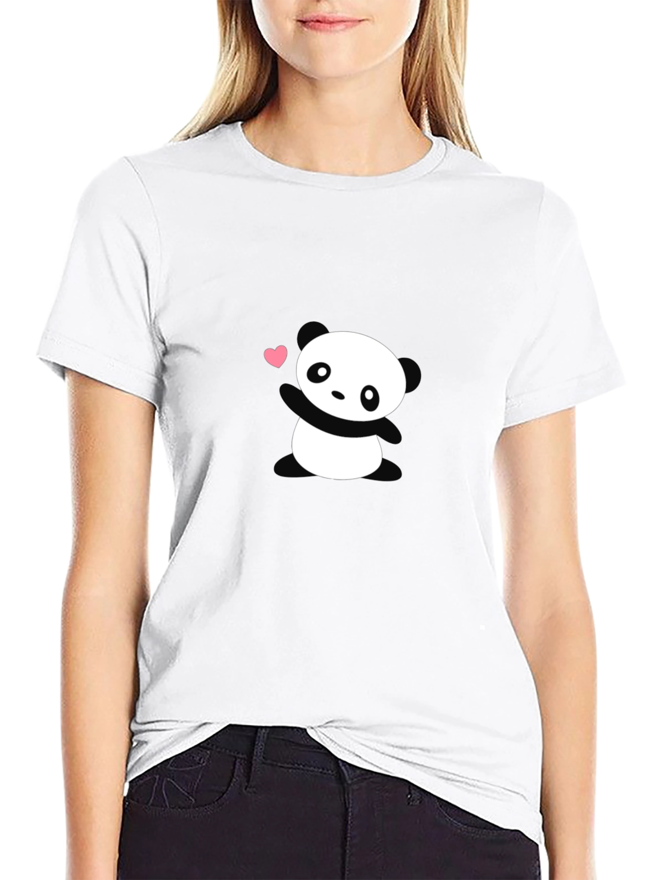 Black Cute Panda Heart Graphic Black T-Shirt view 9