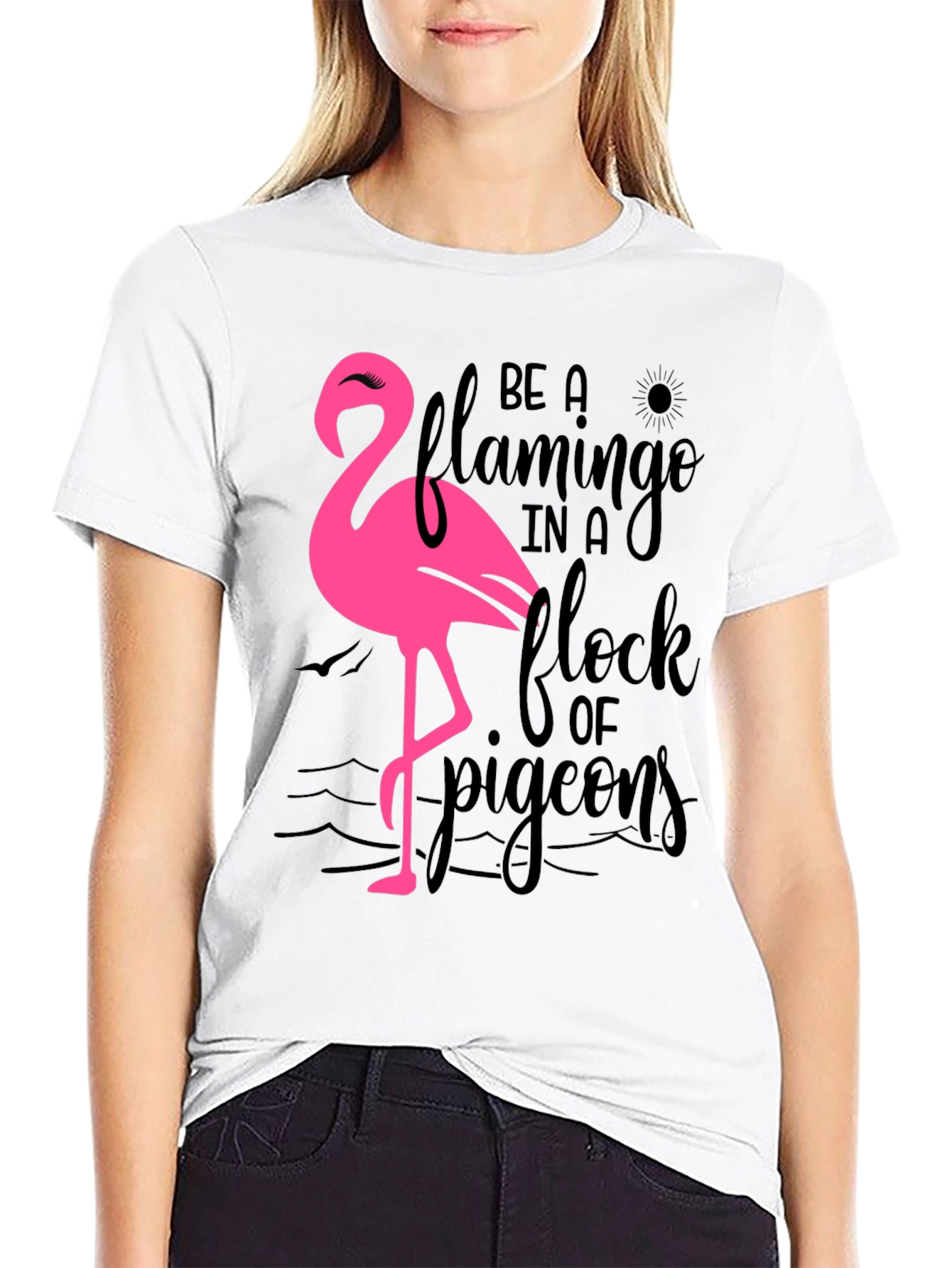 Black Be a Flamingo T-Shirt, Black Cotton Tee view 9