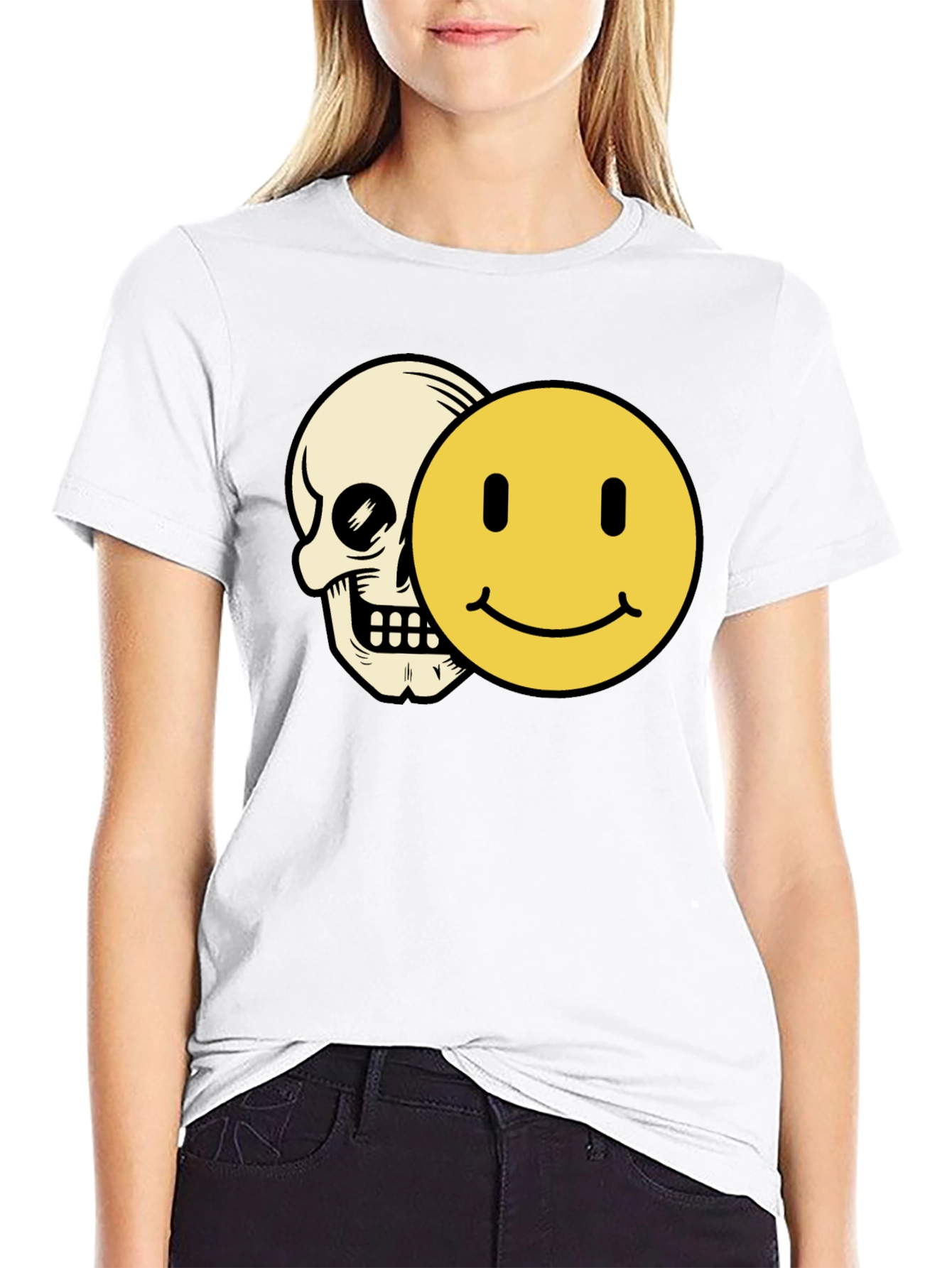Black Skull Smiley Face Graphic Tee - Black Cotton T-Shirt view 9