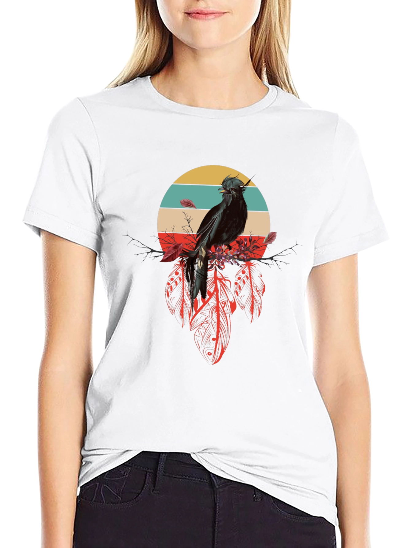 Black Raven Feather Dream T-Shirt - Retro Bird Design view 9