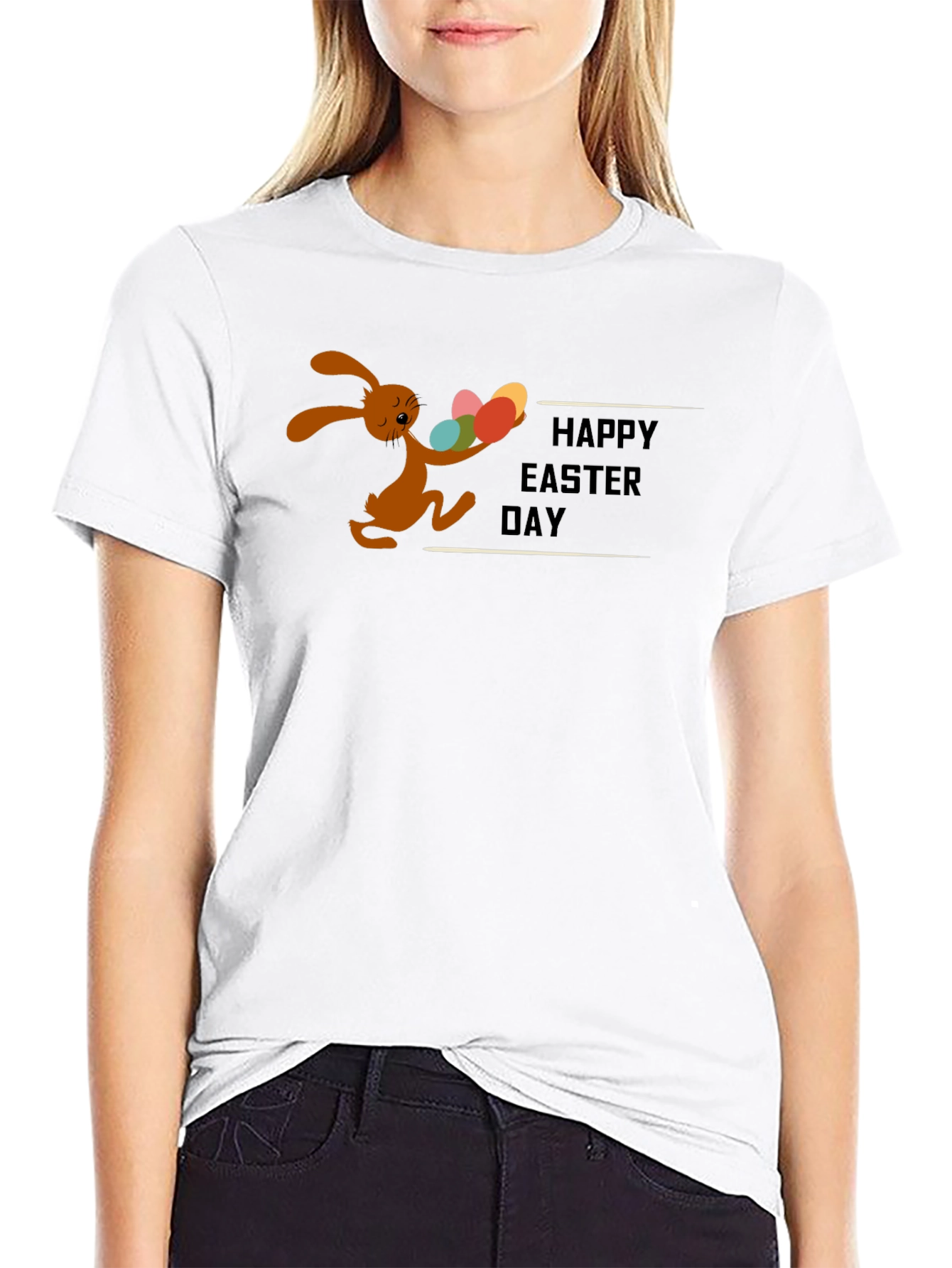 Black Happy Easter Day T-Shirt - Bunny and Eggs view 9
