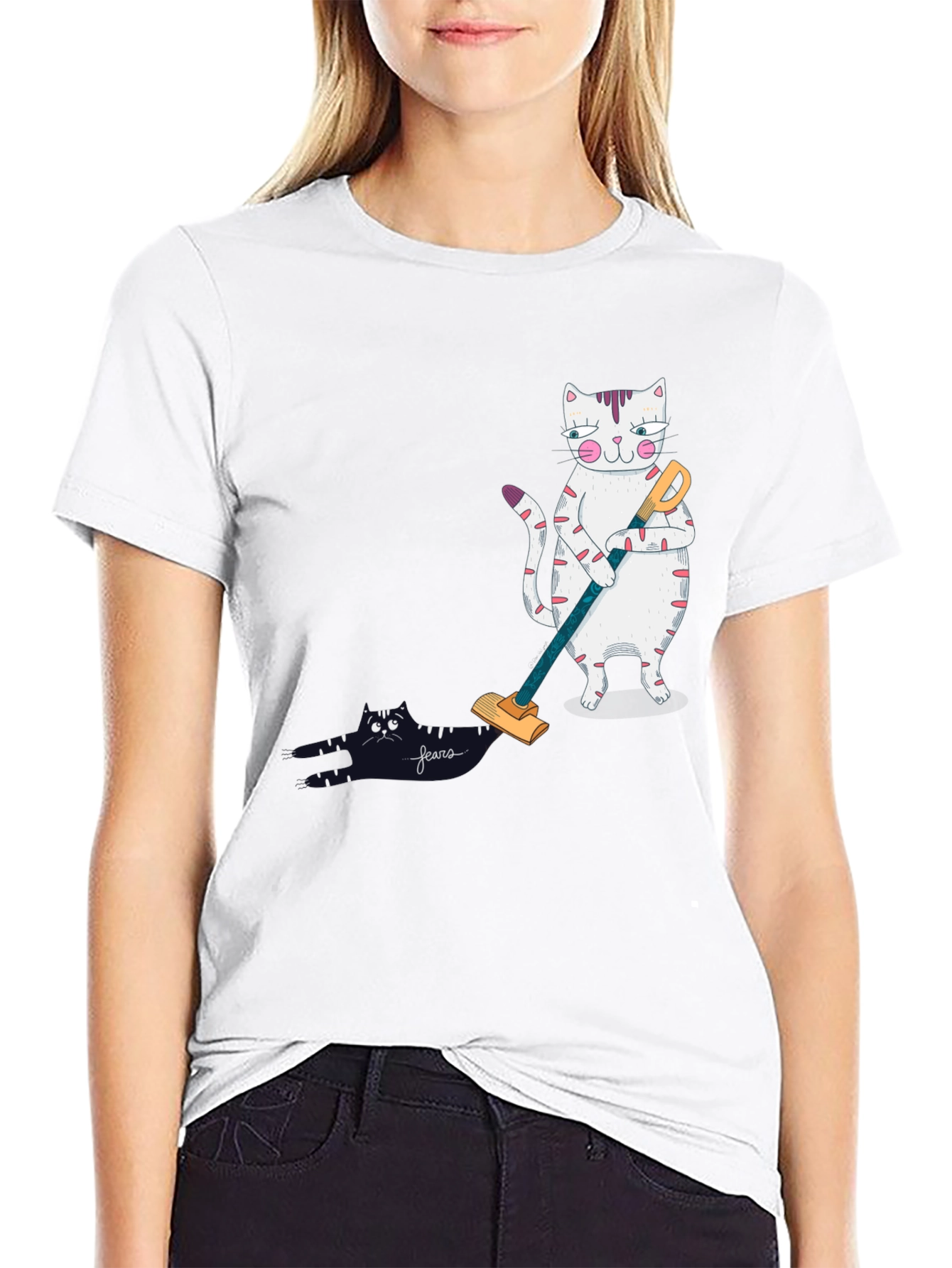 Black Funny Cat Vacuuming T-Shirt view 9