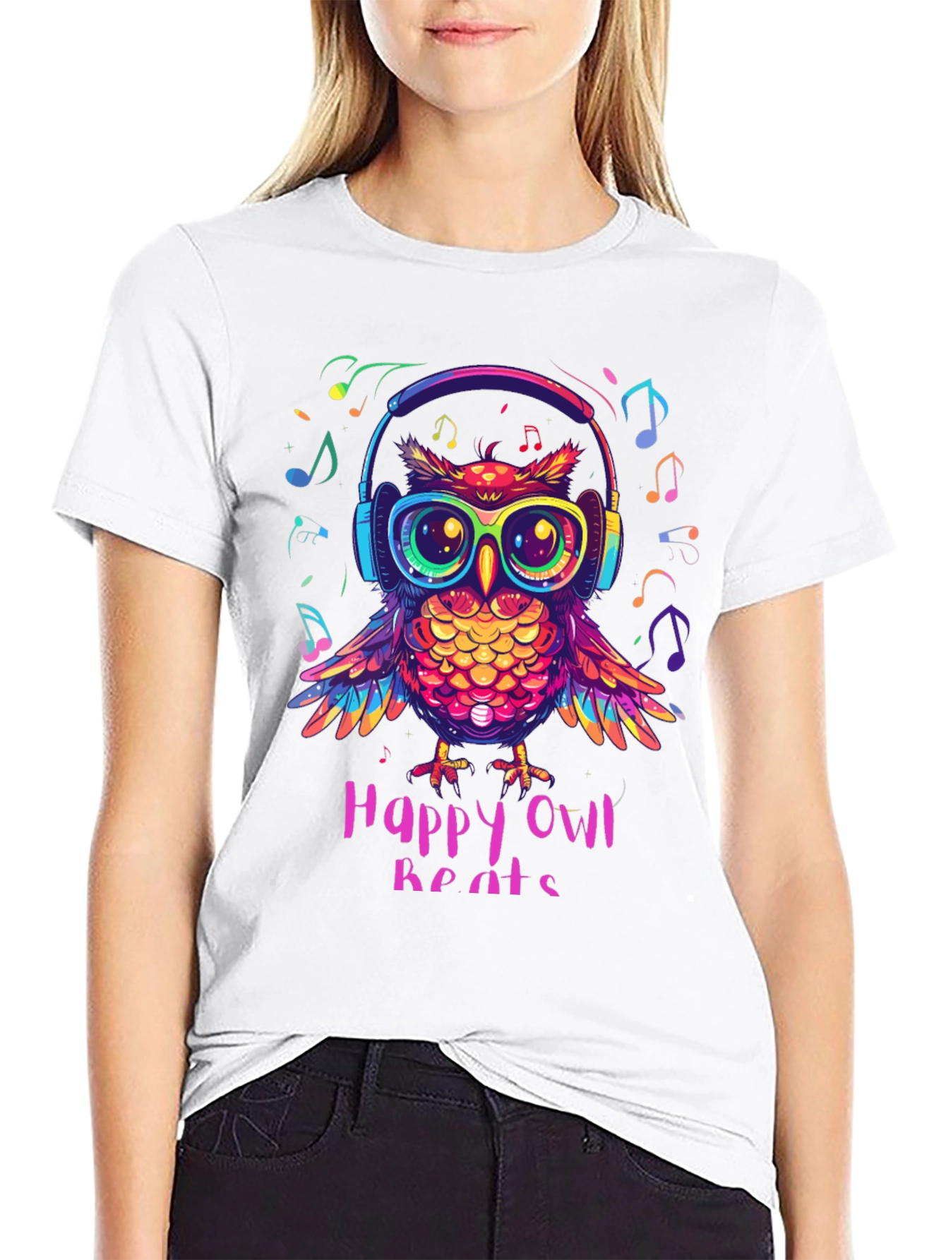 Black Happy Owl Beats T-Shirt - Colorful Music Lover Tee view 9