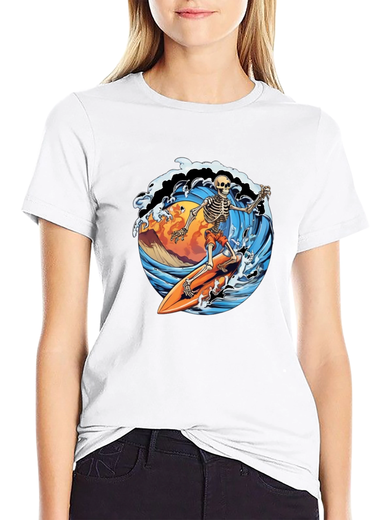 Black Skeleton Surfer Graphic Tee - Ride the Wave in Style! view 9