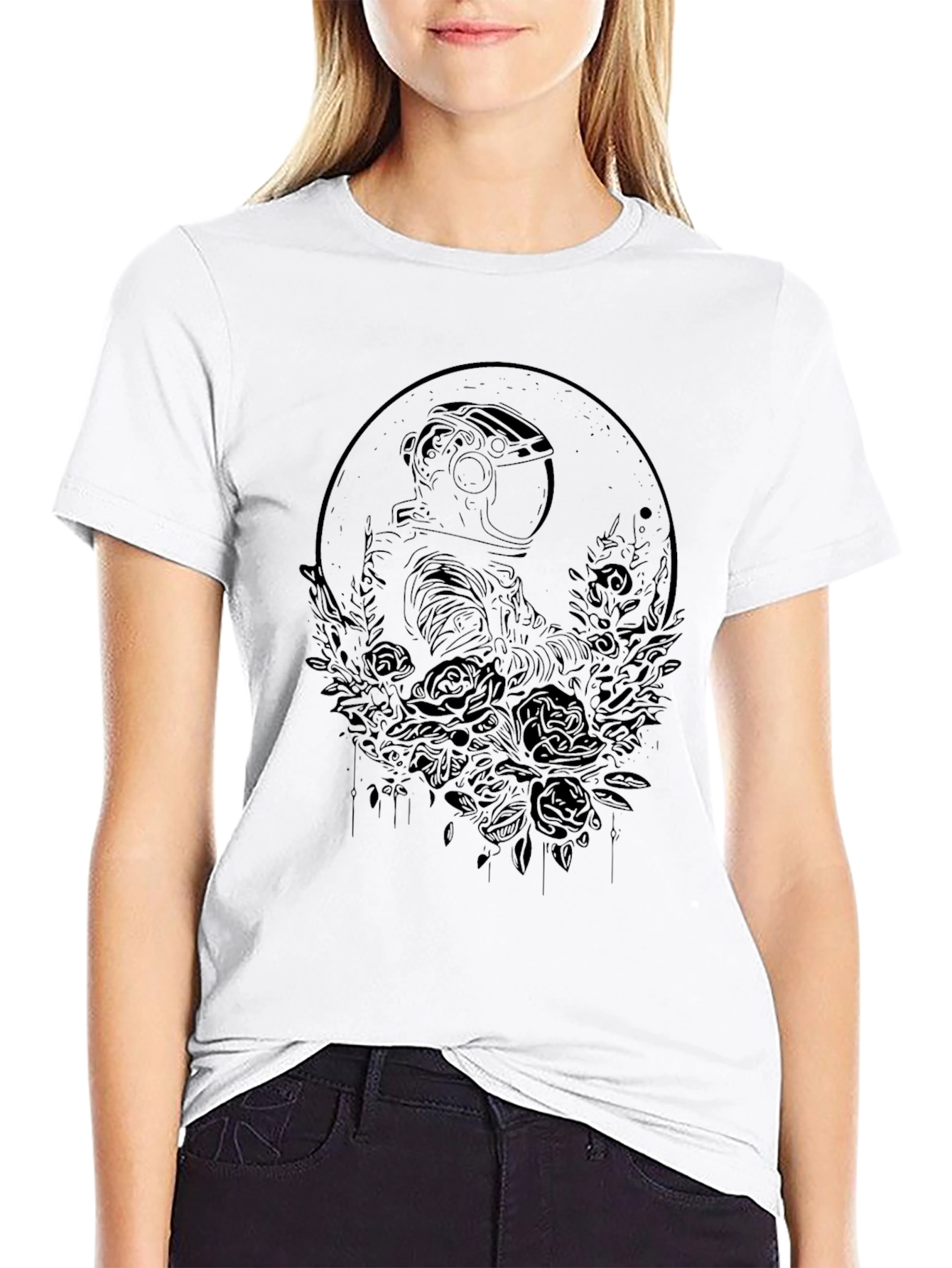 Black Astronaut & Roses Black Graphic Tee - Unisex view 9