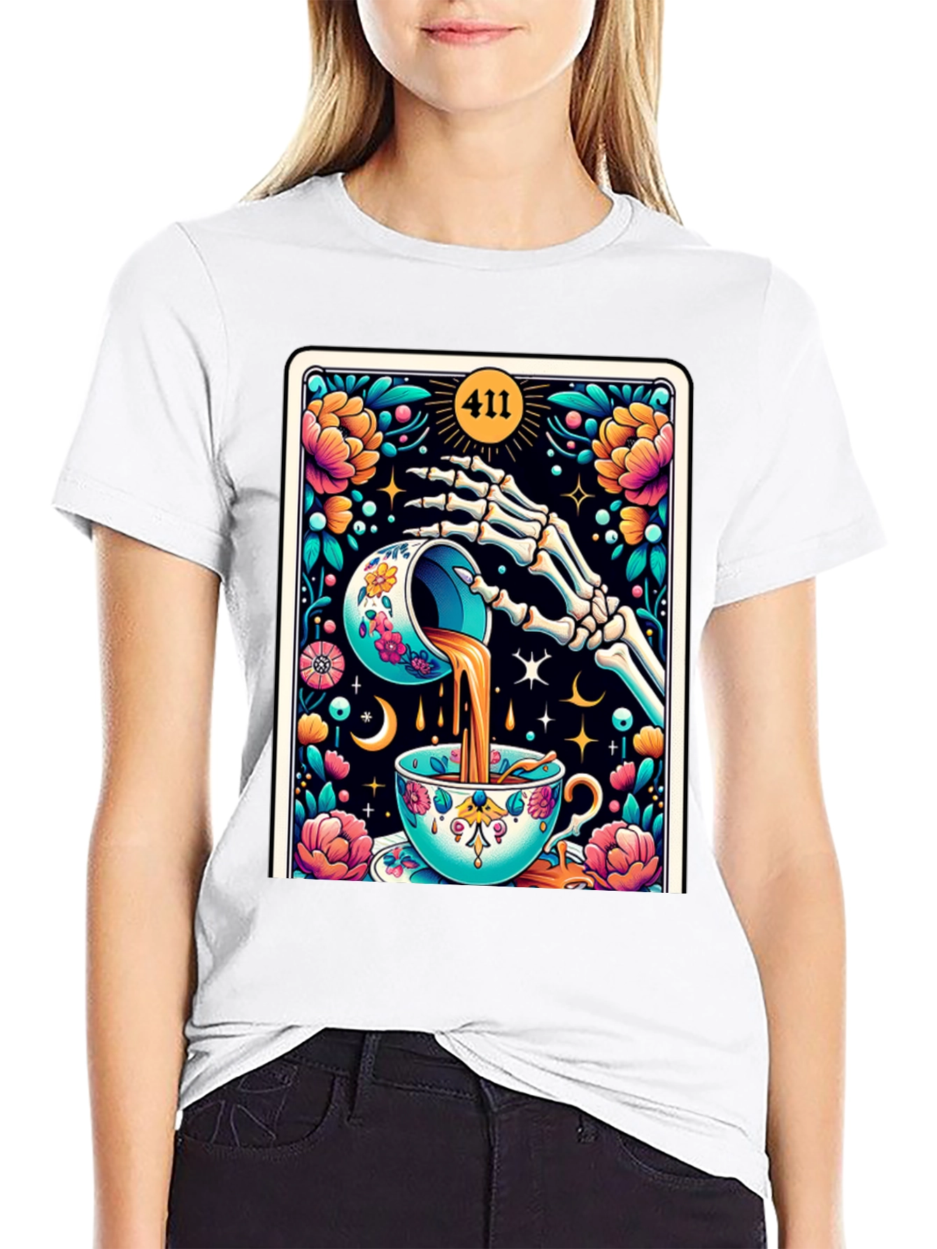 Black Floral Skeleton Tea Cup Tarot Graphic Tee view 9