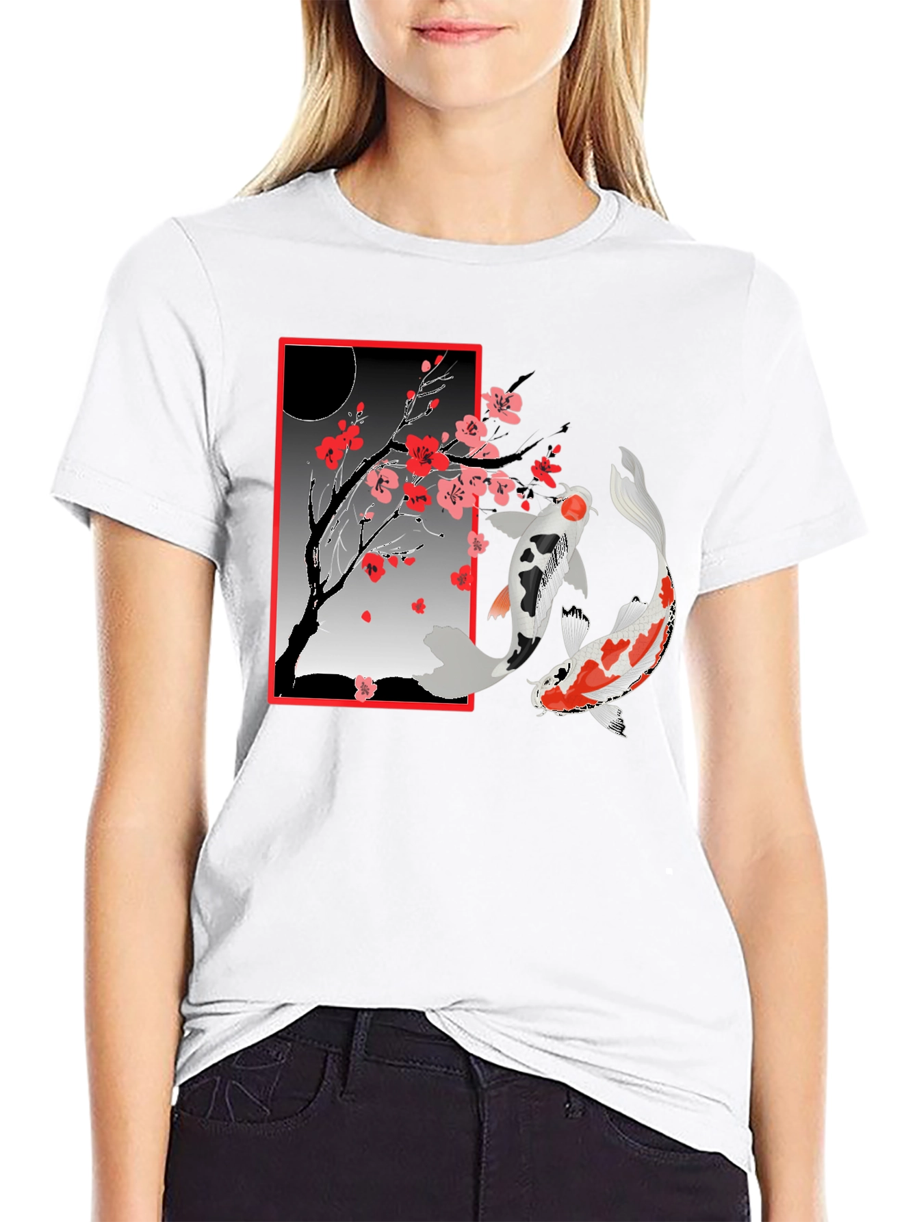 Black Koi Fish Cherry Blossom T-Shirt view 9