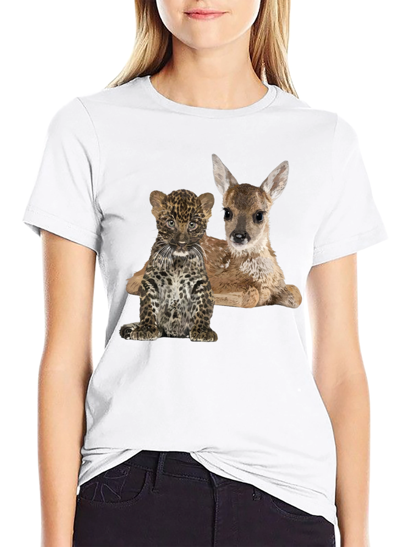 Black Cute Animal Graphic Tee - Deer and Leopard Cub view 9