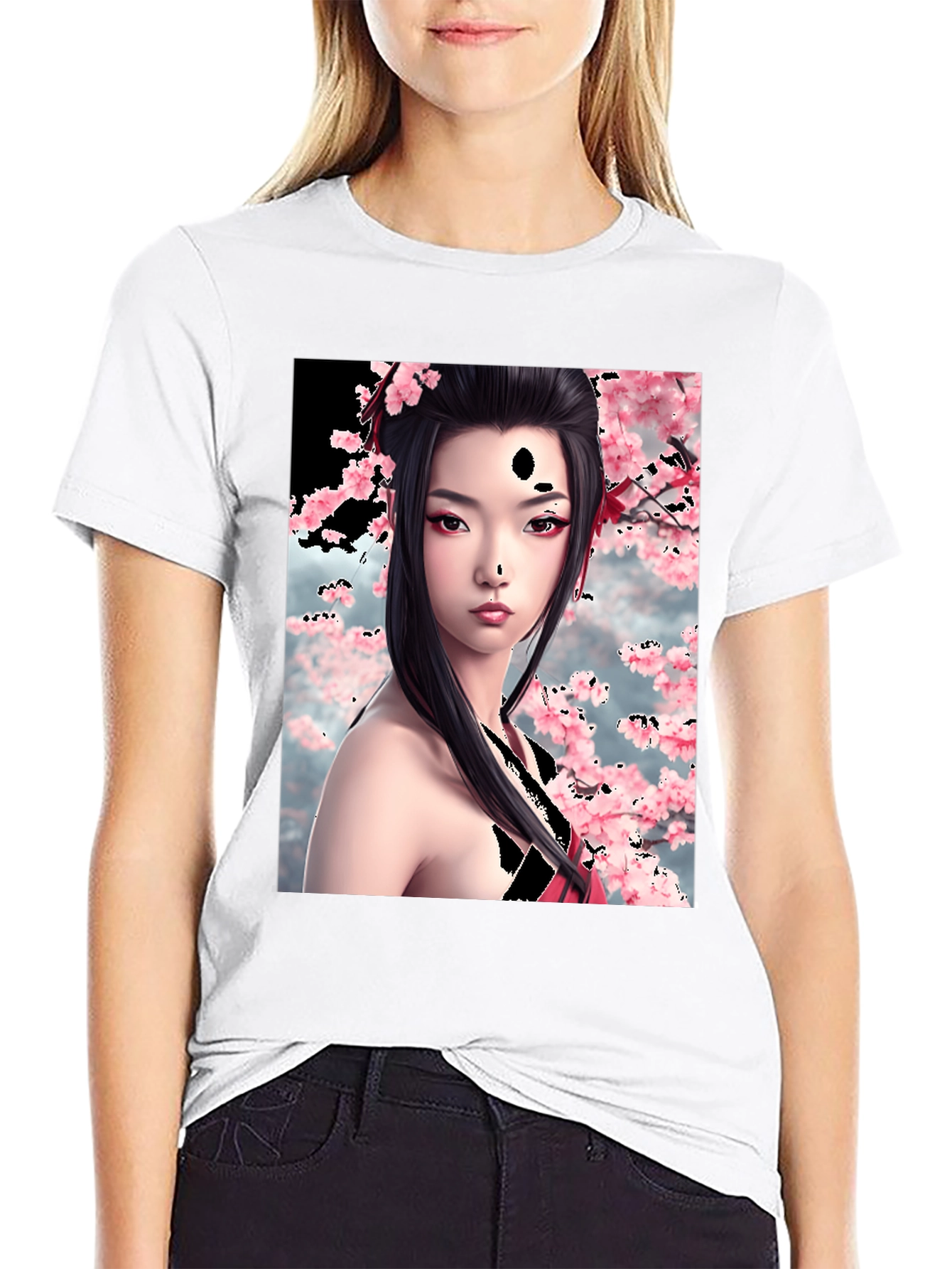 Black Geisha Cherry Blossom Graphic T-Shirt view 9