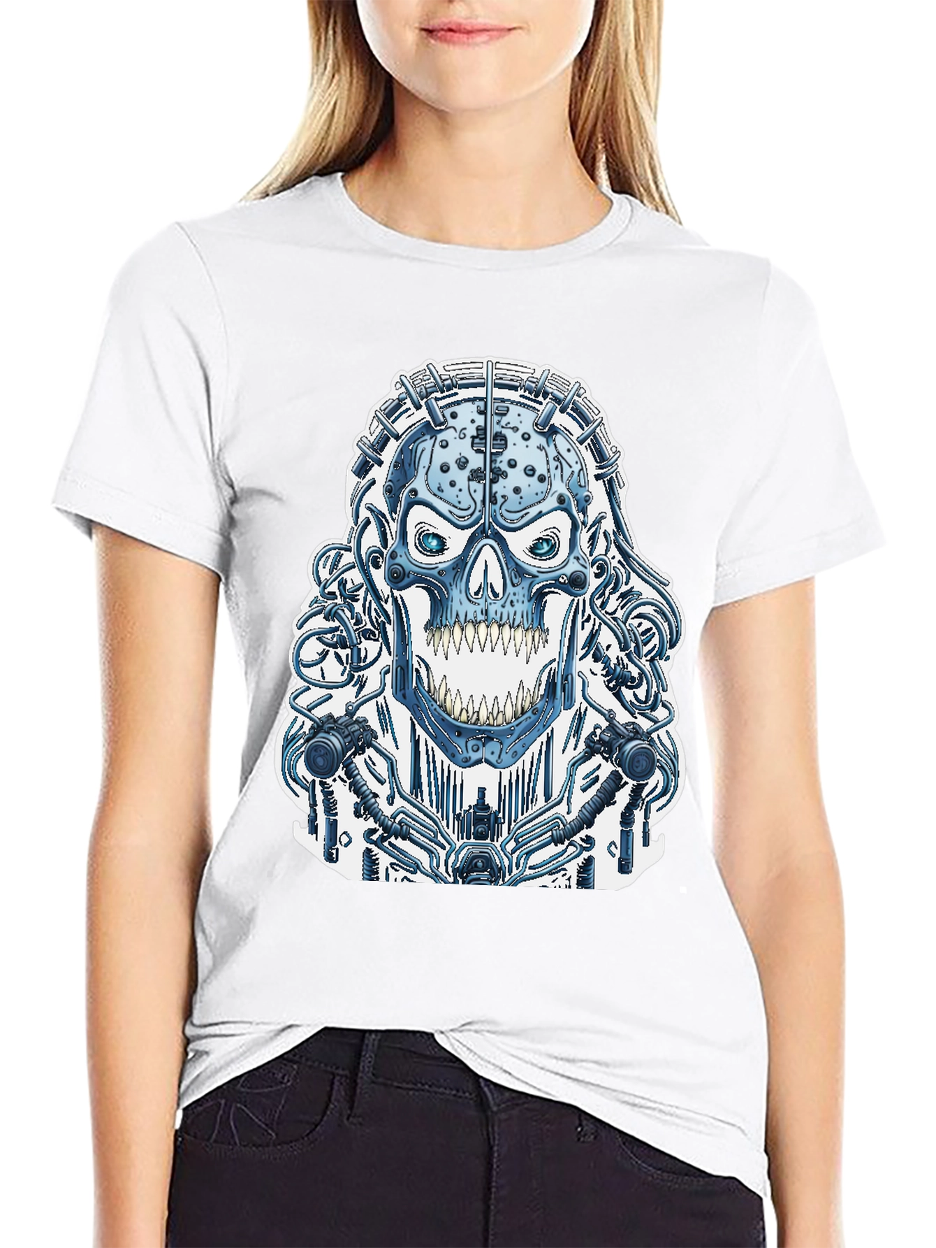 Black Cyberpunk Skull Graphic Tee - Black Cotton T-Shirt view 9