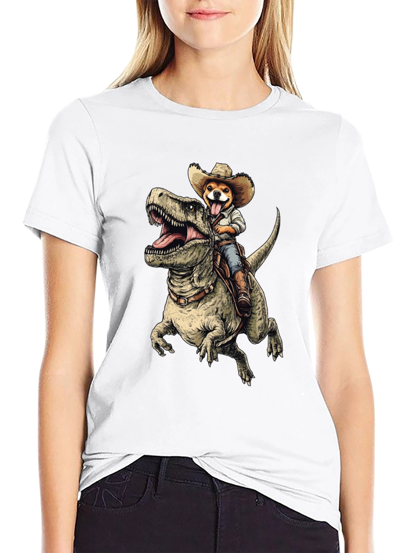 Black Dino Rider Dog T-Shirt - Funny Cowboy Pet Tee view 9