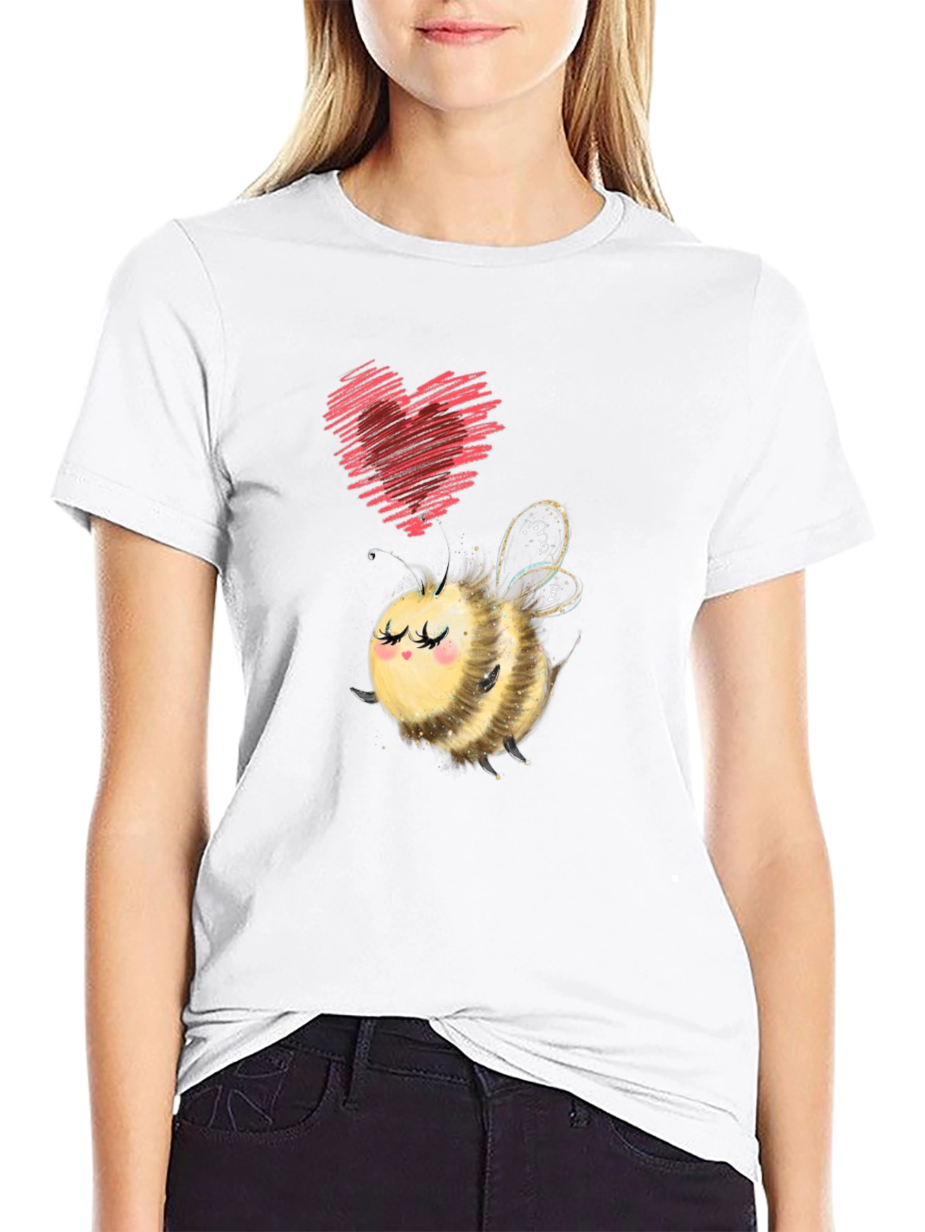 Black Cute Bee & Heart Graphic Black T-Shirt view 9