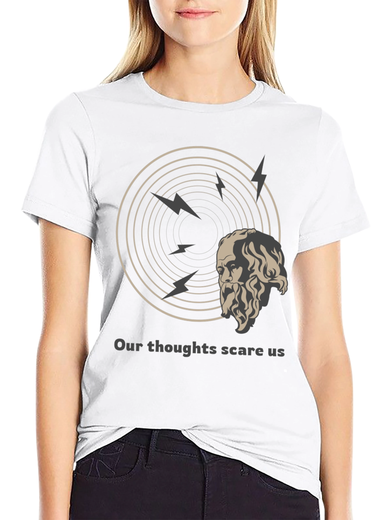 Black Philosophical T-Shirt: Our Thoughts Scare Us Tee view 9