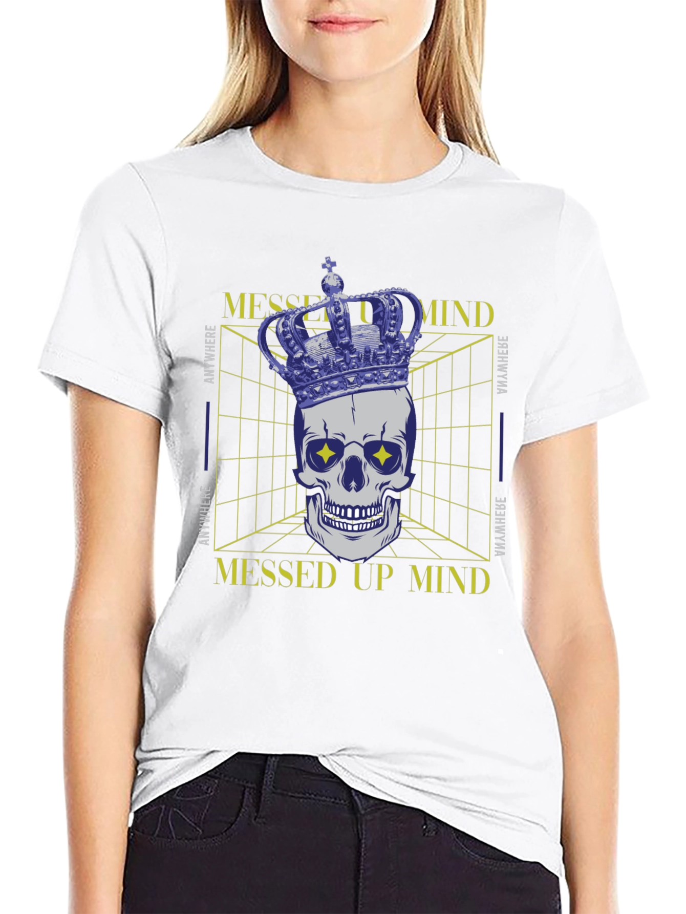 Black Messed Up Mind Graphic T-Shirt - Crown Skull Design view 9