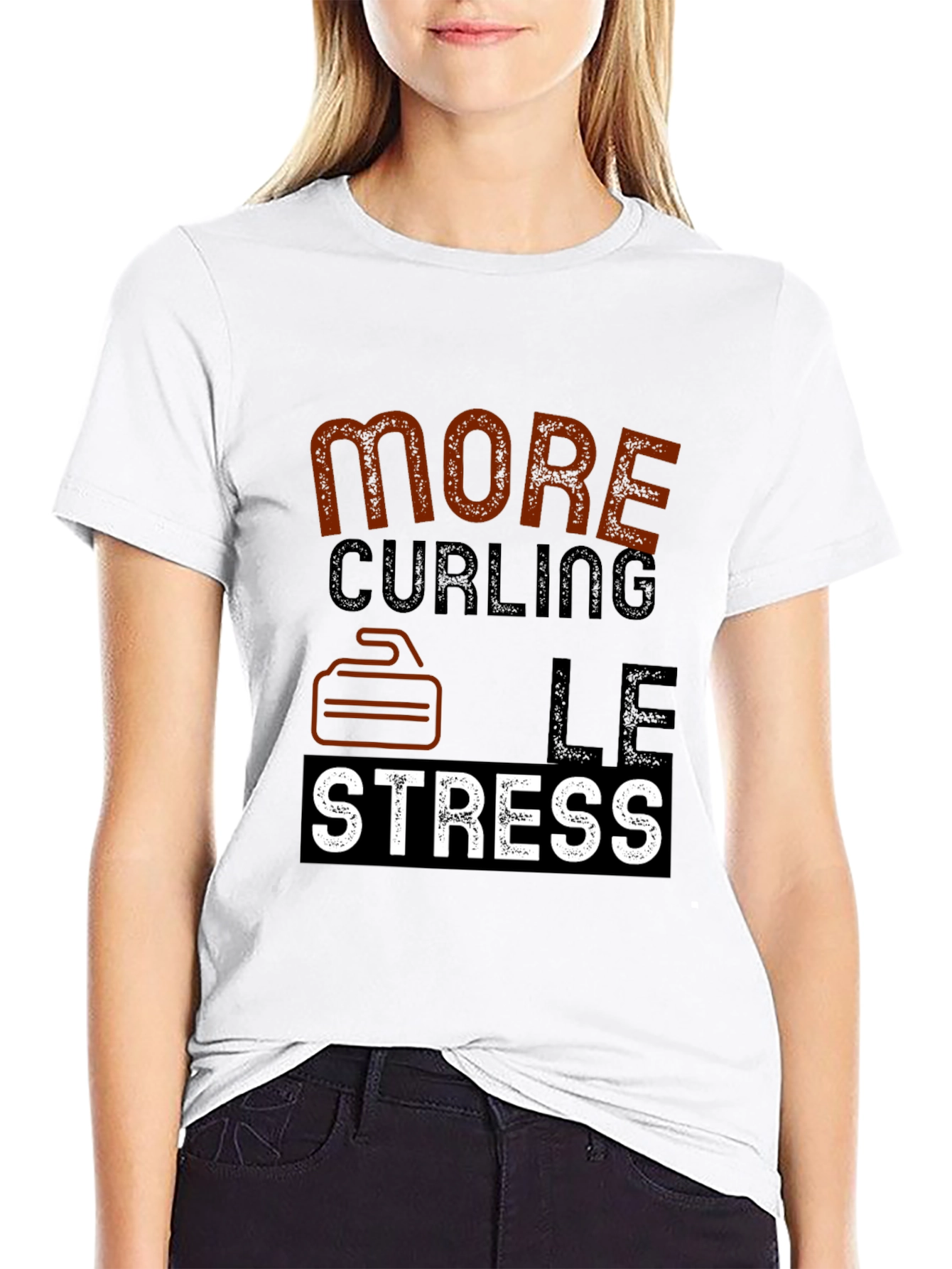Black Curling T-Shirt - More Curling Less Stress - Novelty Tee view 9
