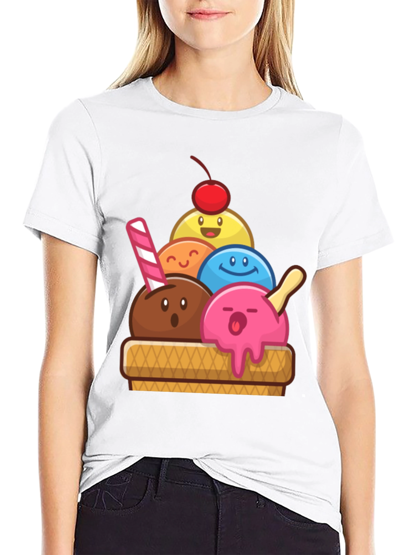 Black Cute Ice Cream Cartoon Graphic Tee view 9
