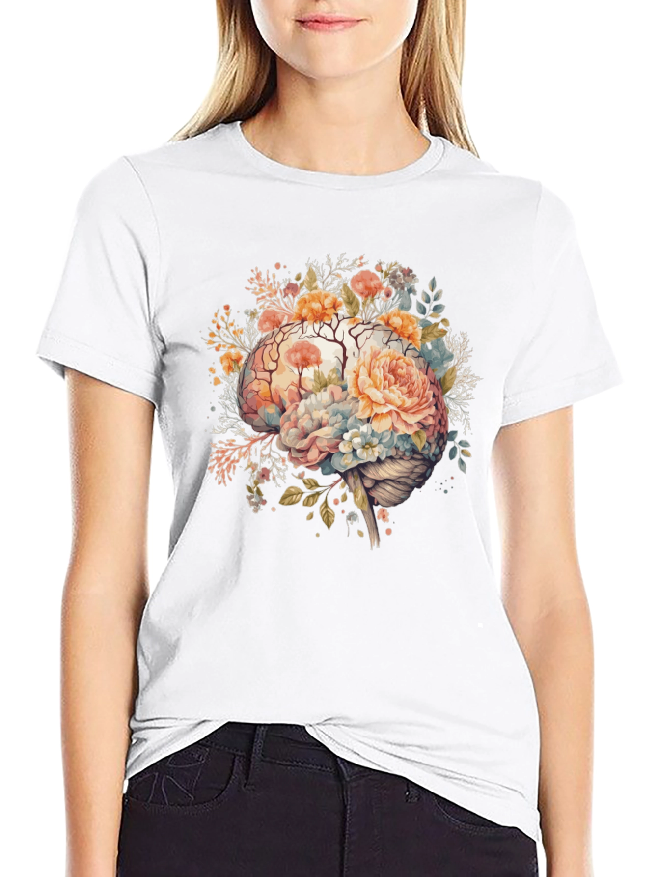 Black Floral Brain Graphic Tee - Stylish Mindful Design view 9