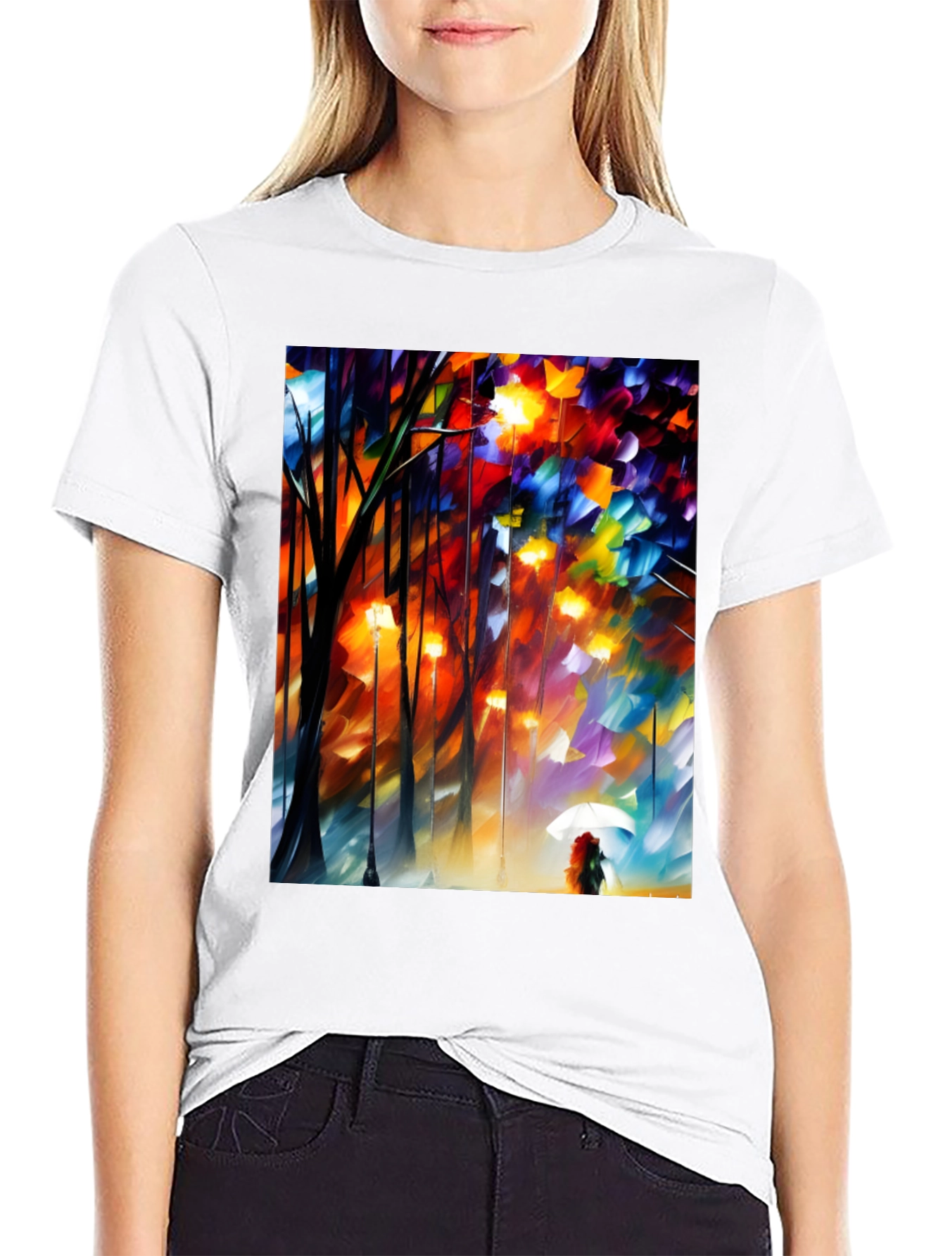 Black Artistic Autumn Rain T-Shirt - Expressive Palette Knife Design view 9