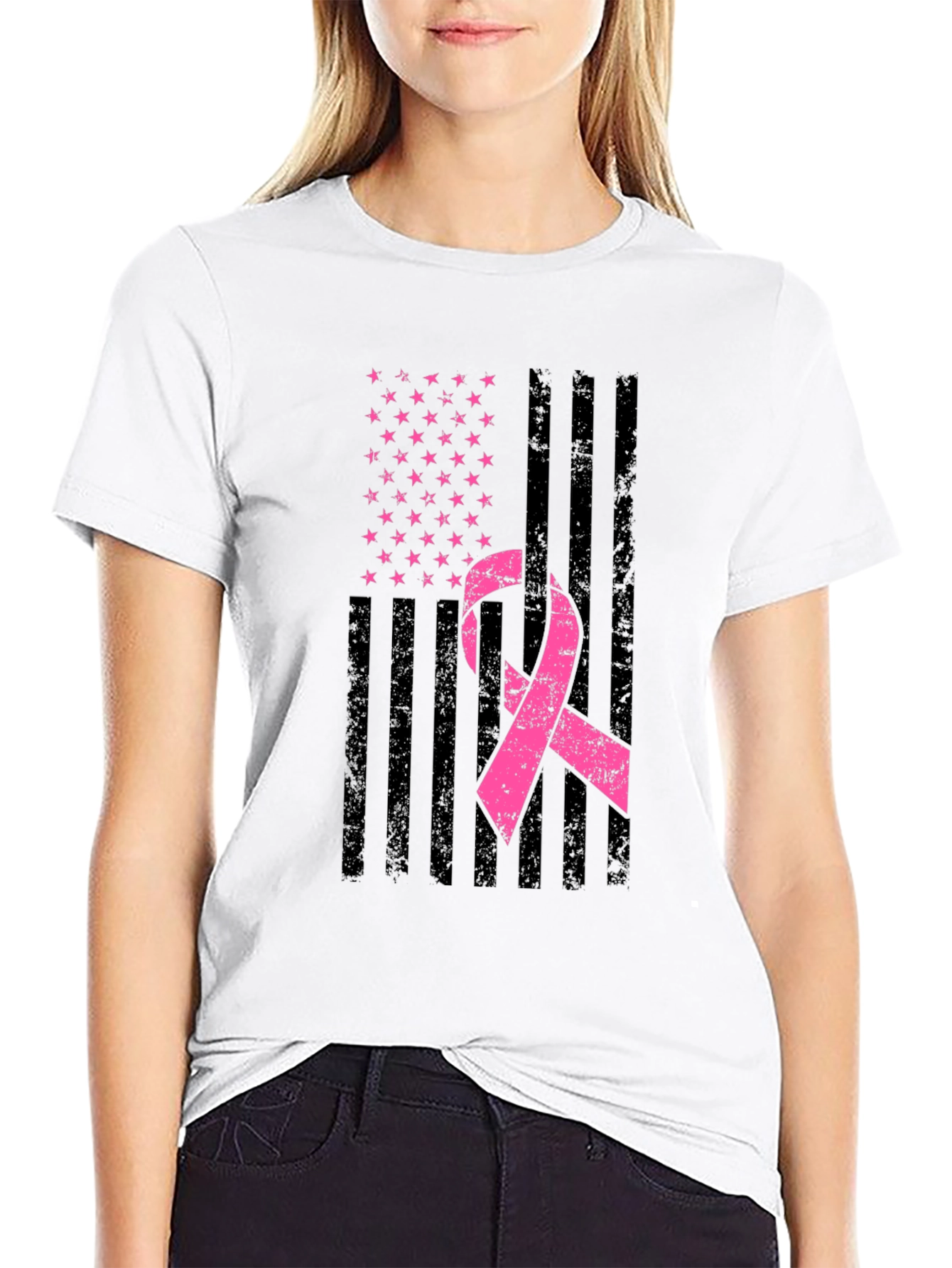 Black Breast Cancer Awareness American Flag T-Shirt view 9