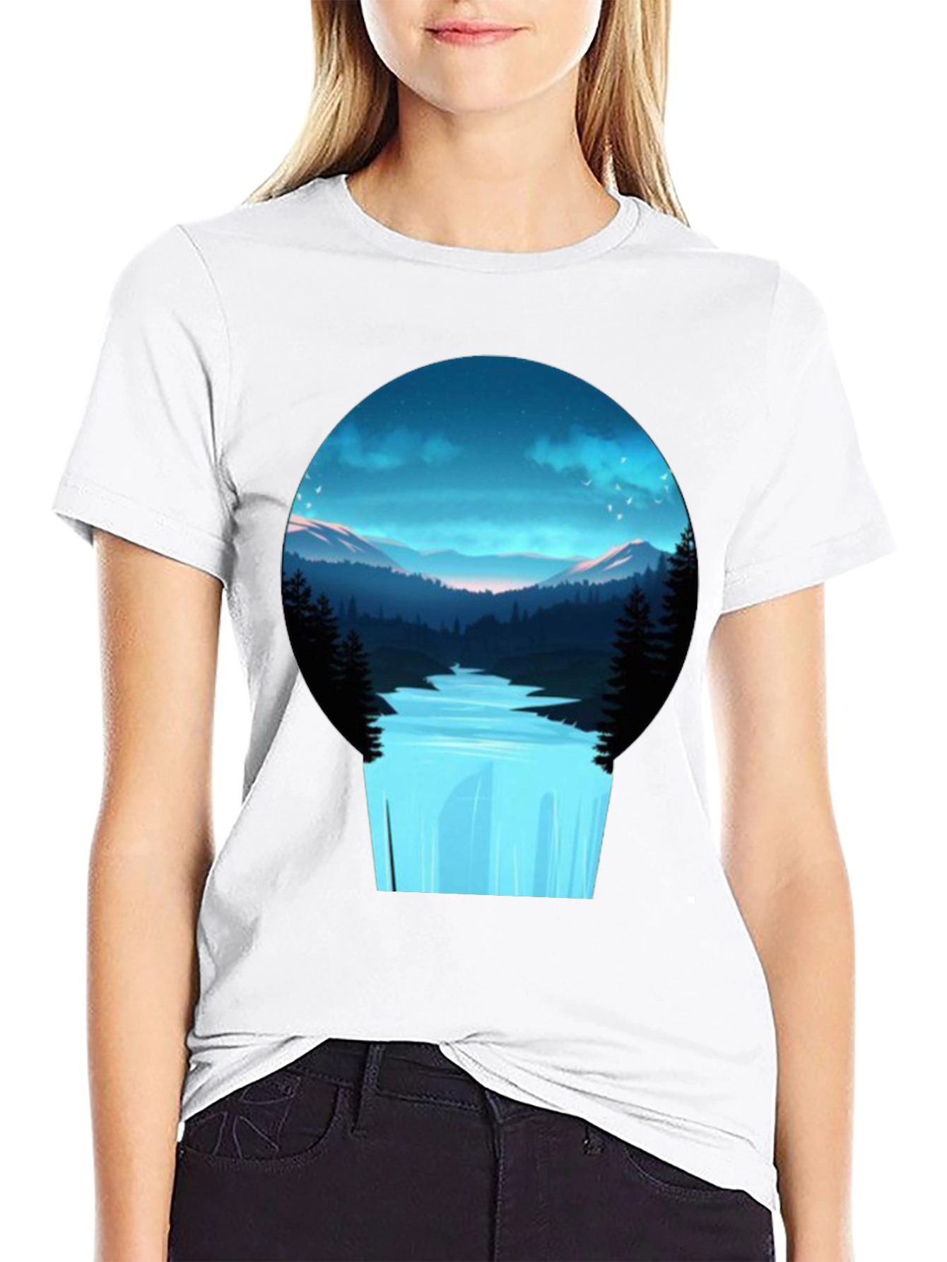 Black Nature Vista Black Tee - Artistic Mountain Waterfall Design view 9