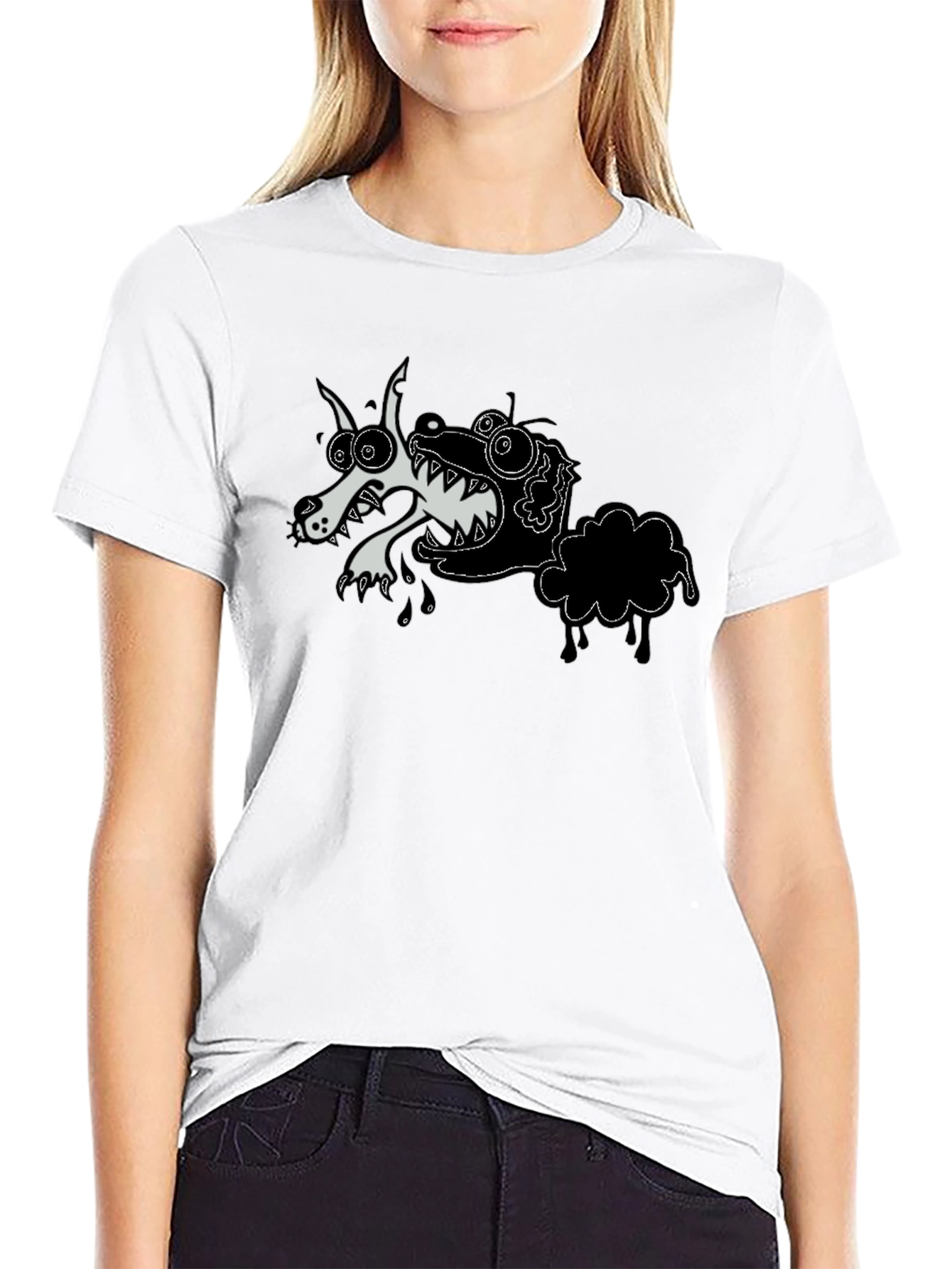 Black Cartoon Wolf & Sheep Black T-Shirt view 9
