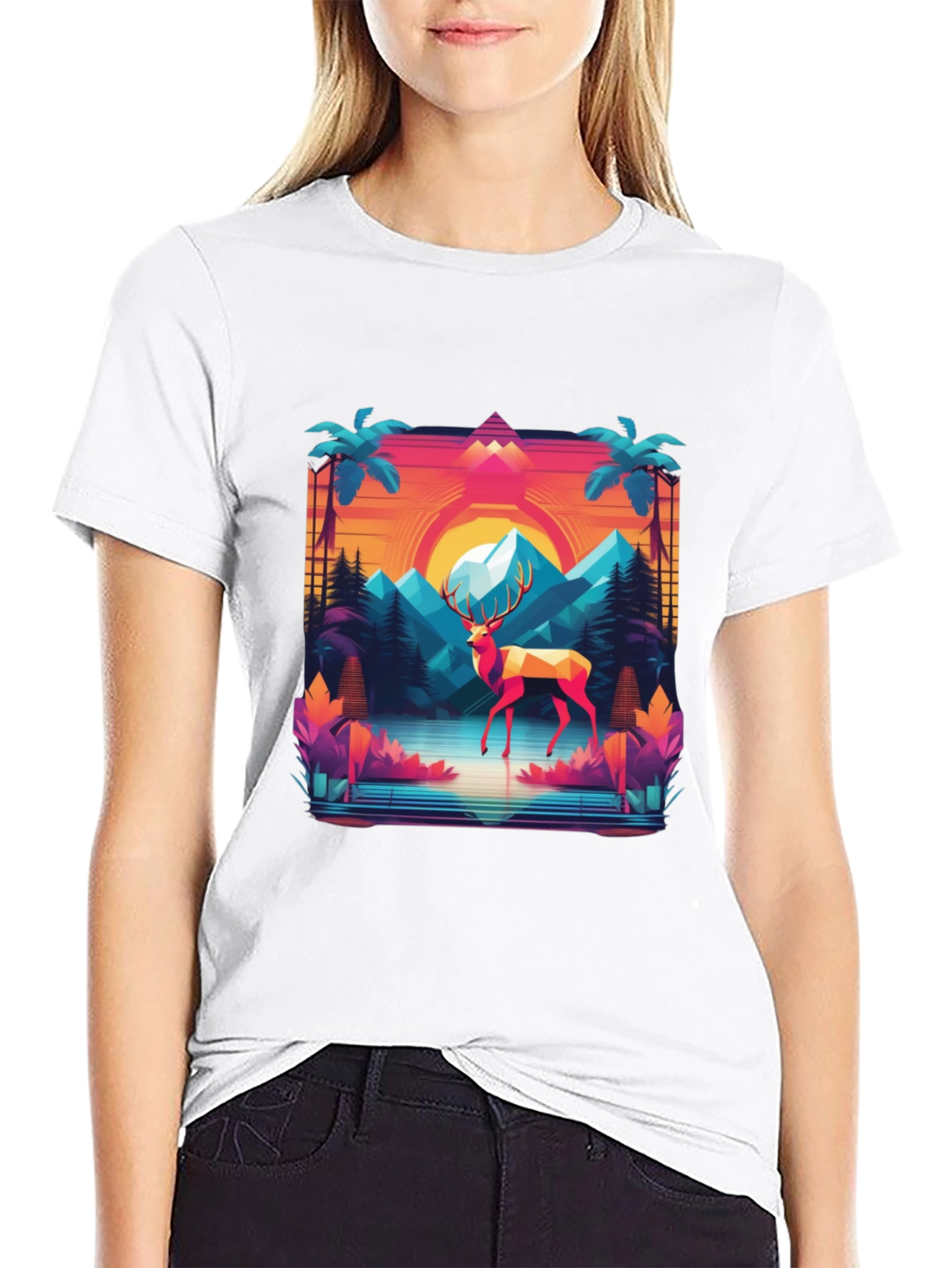 Black Retro Deer Graphic Tee - Synthwave Style view 9