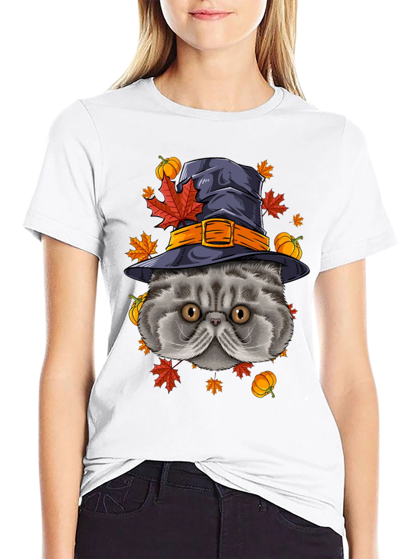 Black Halloween Cat T-Shirt with Witch Hat & Pumpkins view 9