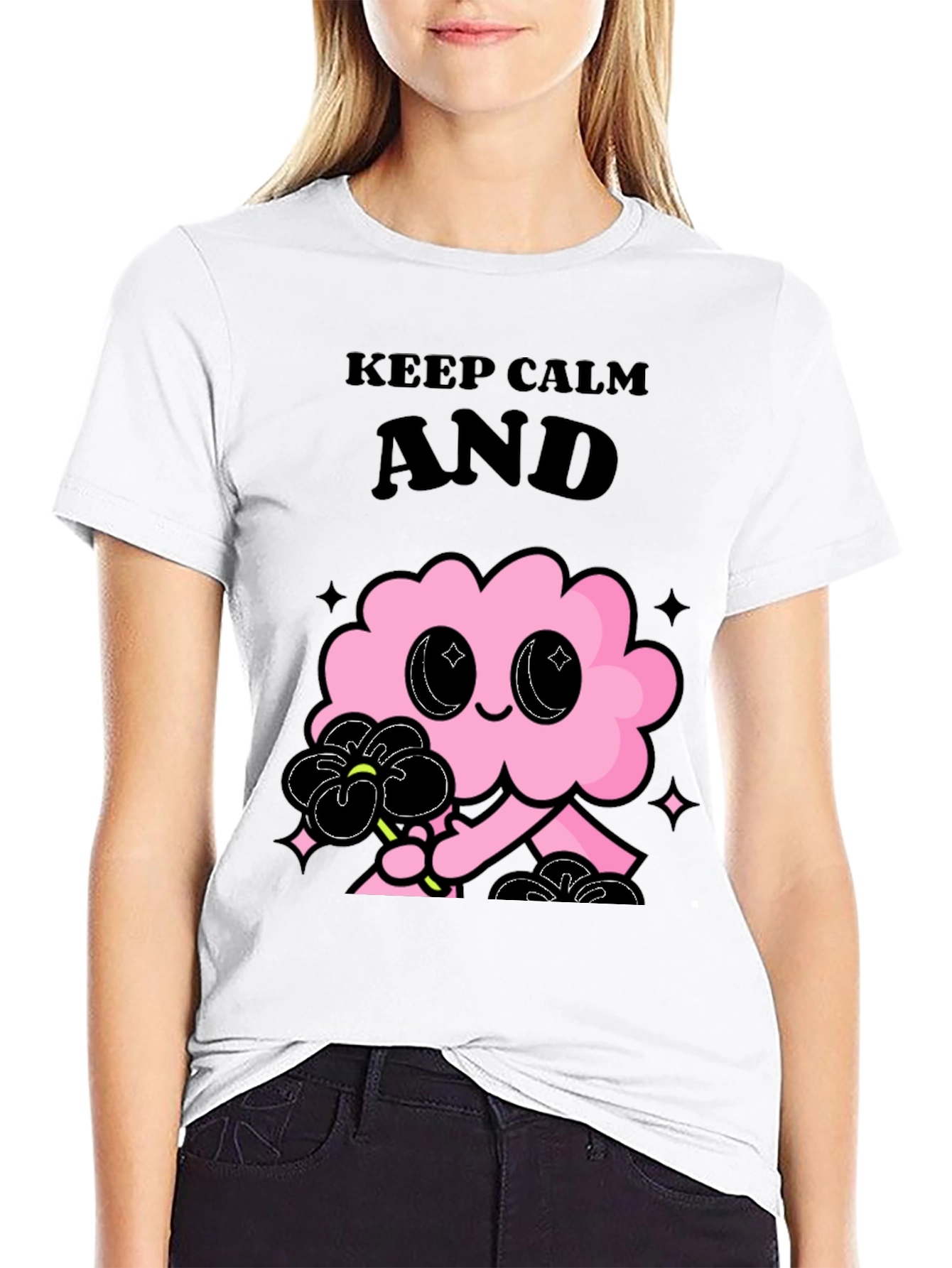 Black Keep Calm Pink Cloud Graphic Tee - Black Unisex T-Shirt view 9
