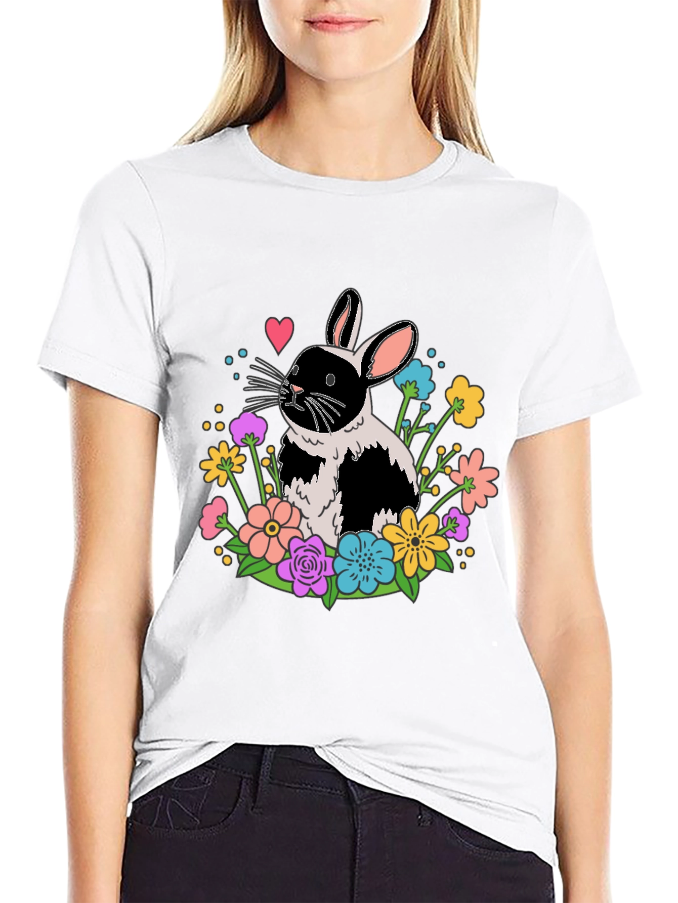 Black Floral Bunny Graphic Tee - Black Casual Shirt view 9