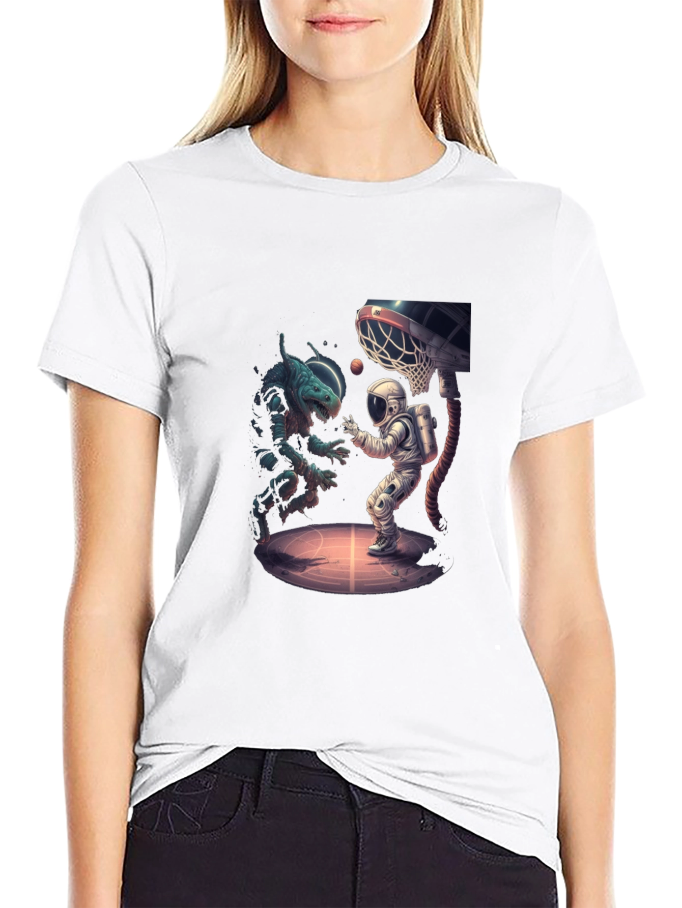 Black Cosmic Basketball T-Shirt - Alien vs Astronaut view 9