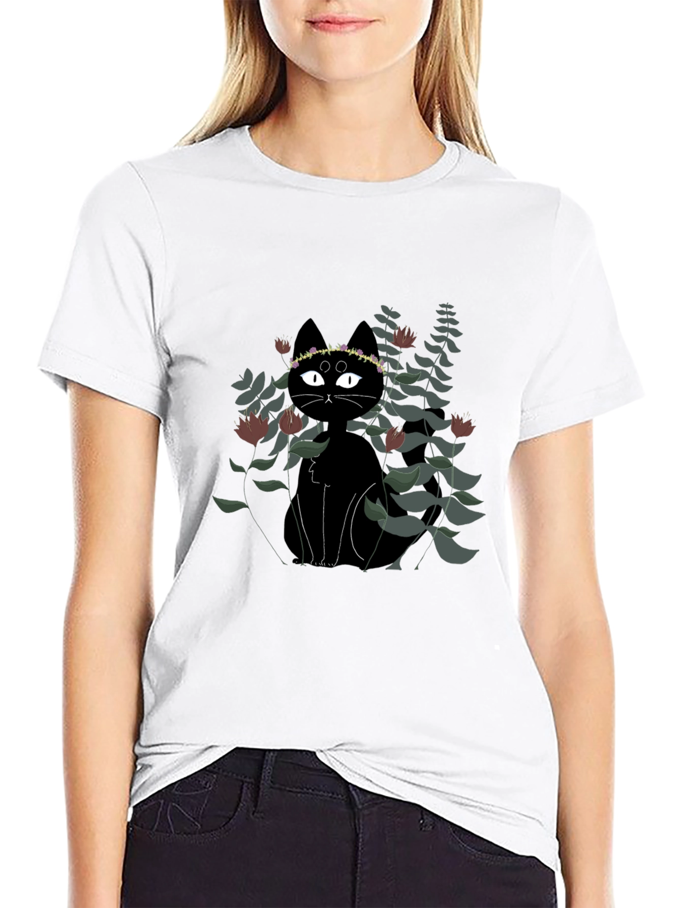 Black Black Cat Floral Crown T-Shirt view 9