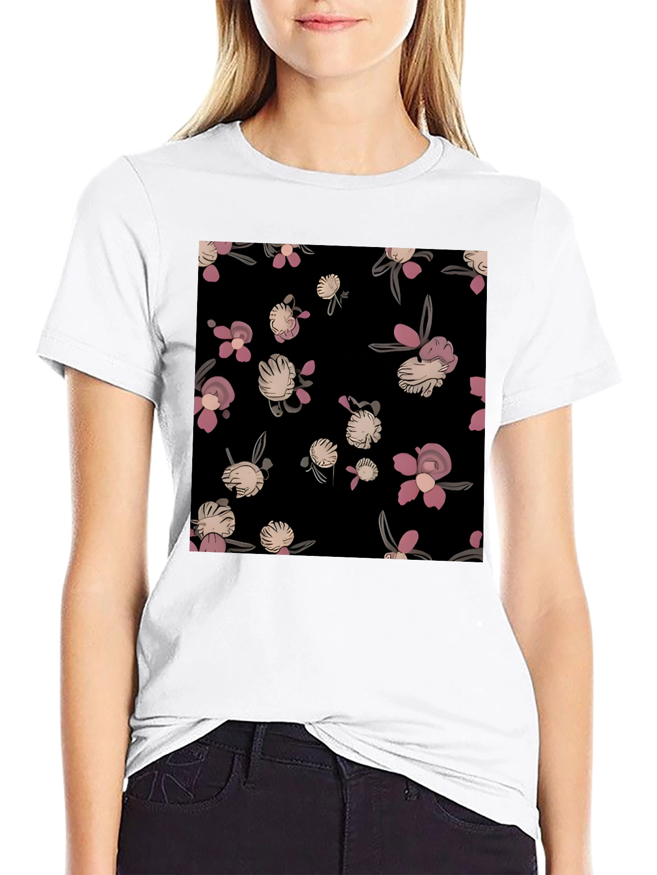Black Floral Print Black T-Shirt - Casual Style view 9