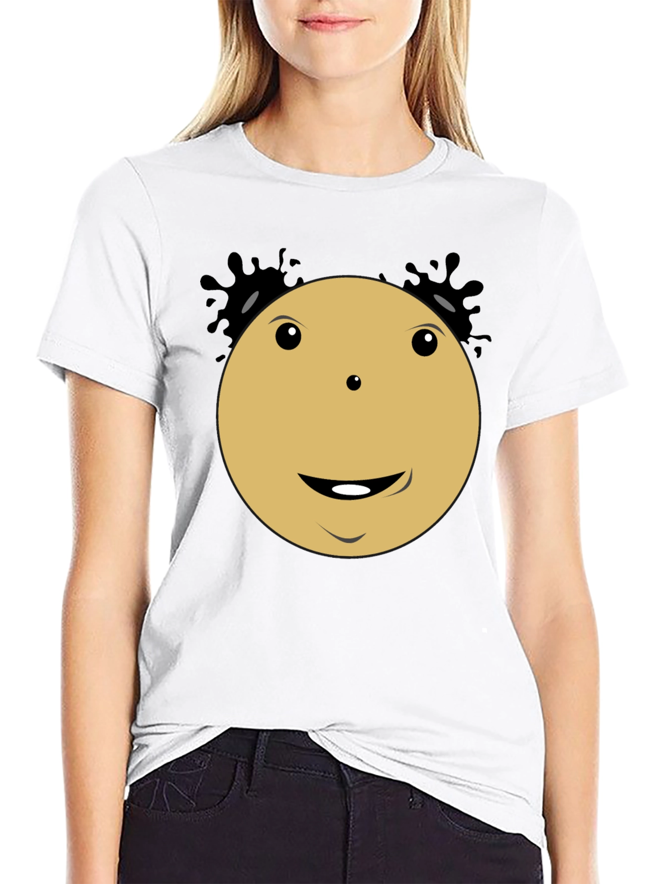 Black Smiley Face Cartoon Character Black T-Shirt view 9