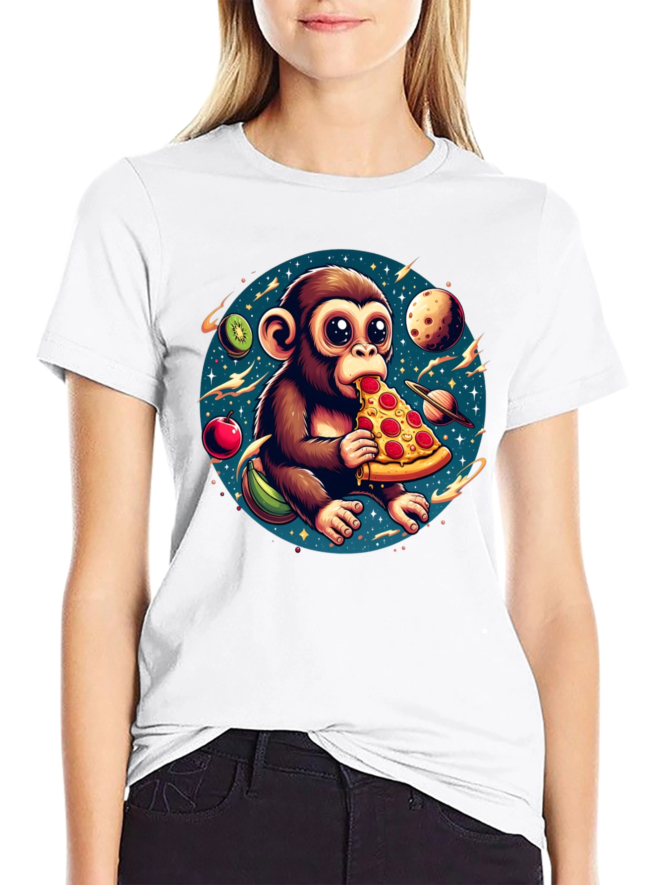 Black Monkey Eating Pizza in Space T-Shirt view 9