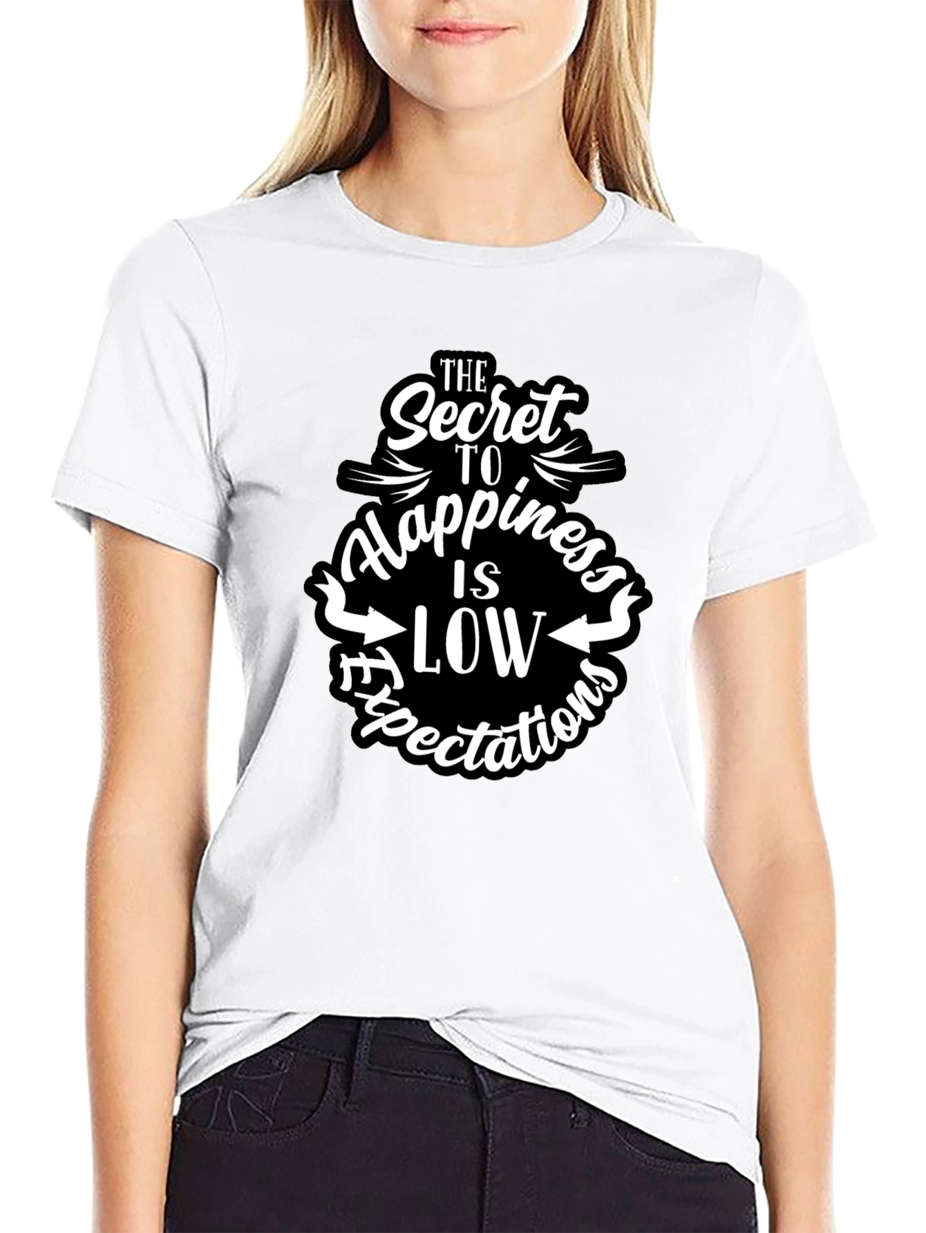 Black Secret to Happiness Low Expectations Graphic Tee view 9