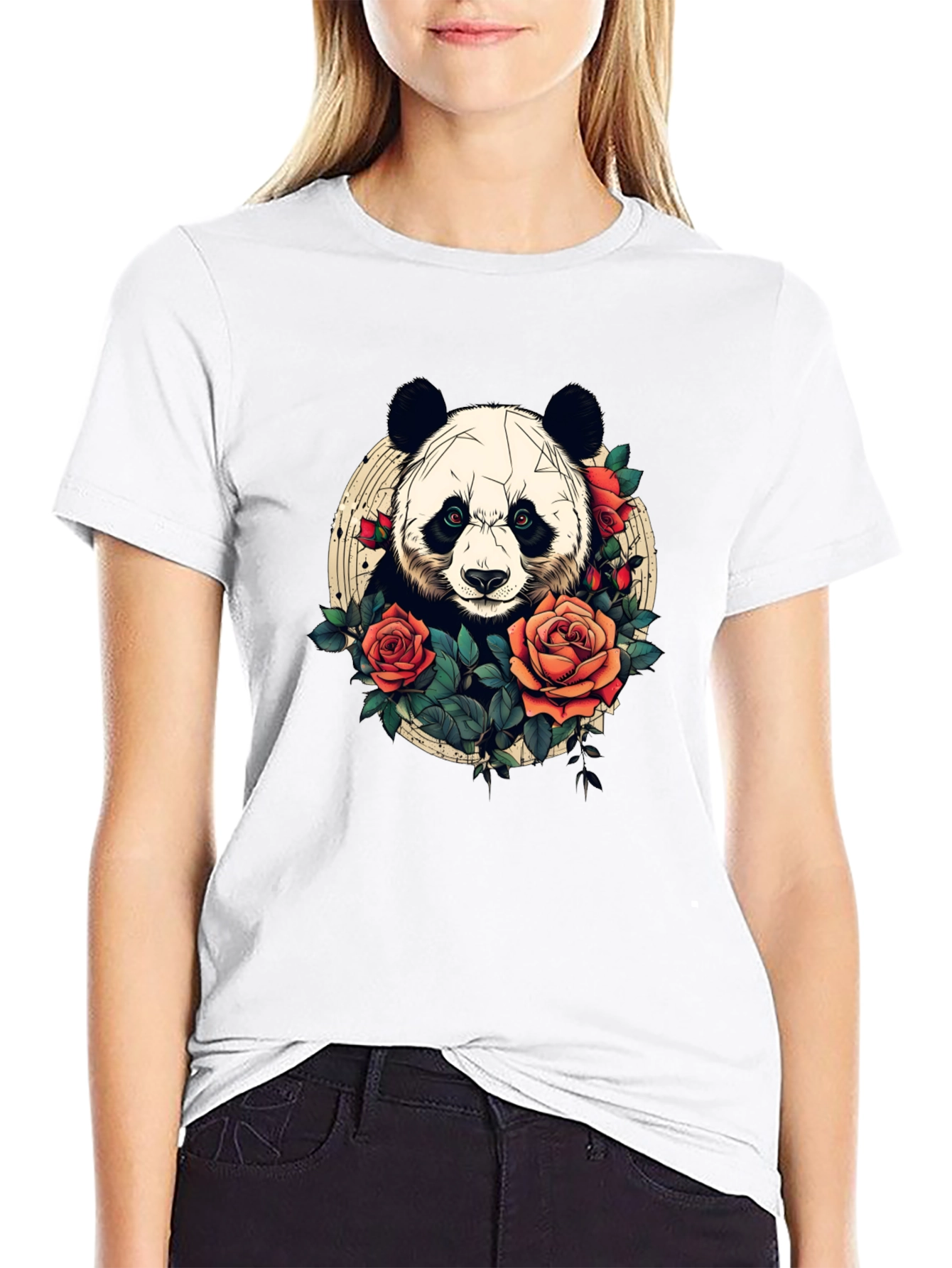 Black Panda Rose Graphic Tee - Black Crew Neck Casual T-Shirt view 9