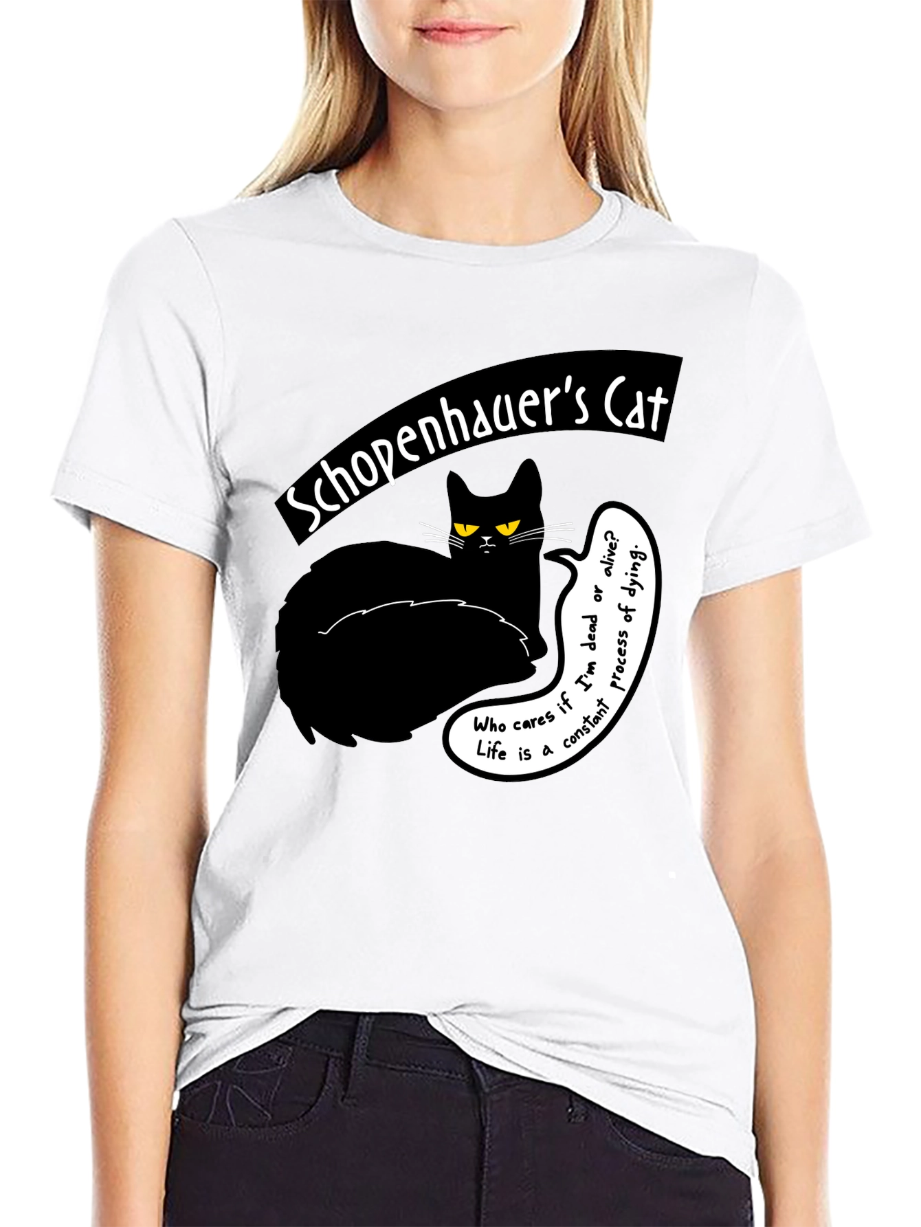 Black Schopenhauer's Cat Graphic Tee - Philosophical Humor T-Shirt view 9
