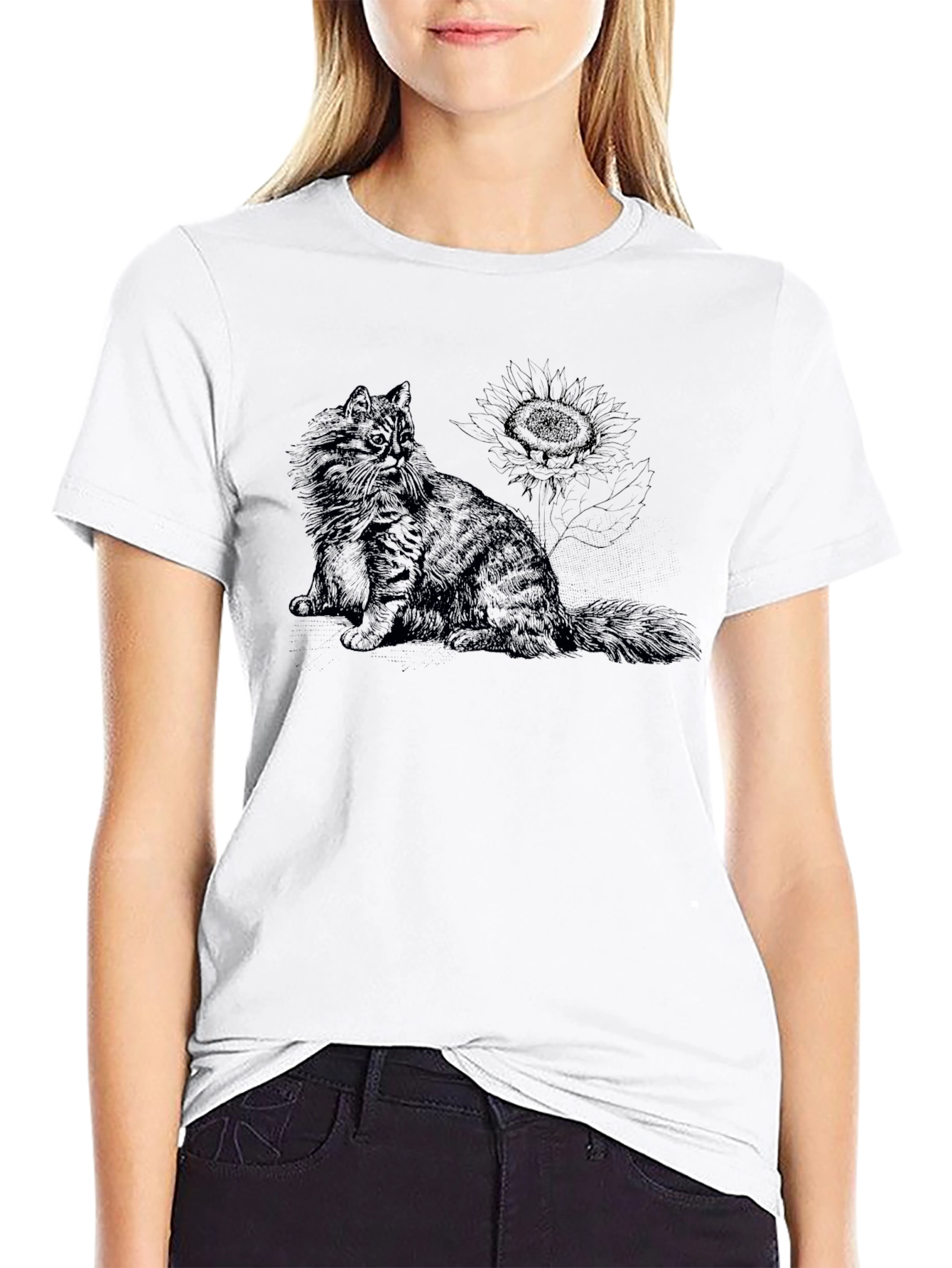 Black Cat & Sunflower Black Graphic T-Shirt view 9